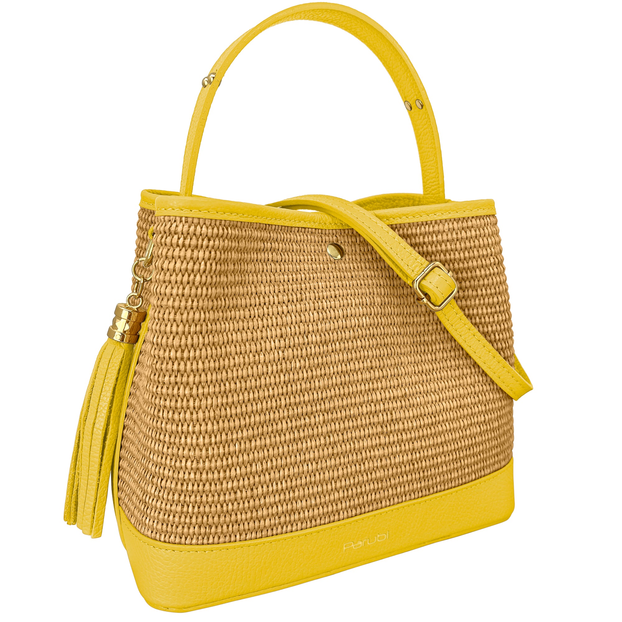 Borsa Secchiello Donna a Mano con Tracolla, In Vera Pelle e Rafia Naturale, Made in Italy, Modello Elide