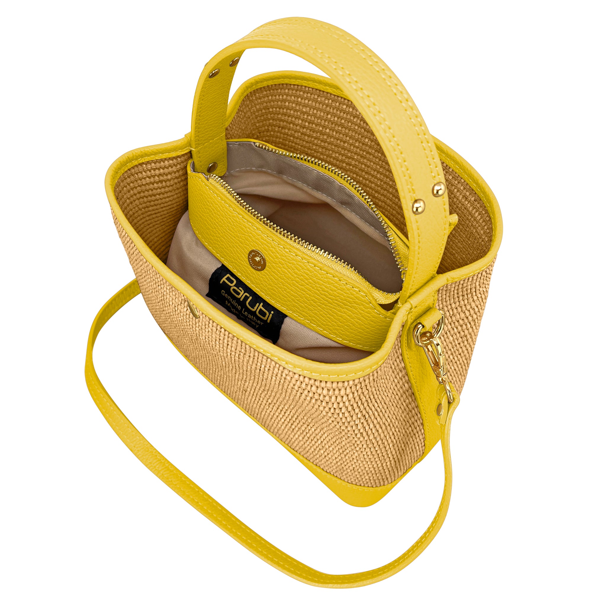 Borsa Secchiello Donna a Mano con Tracolla, In Vera Pelle e Rafia Naturale, Made in Italy, Modello Elide