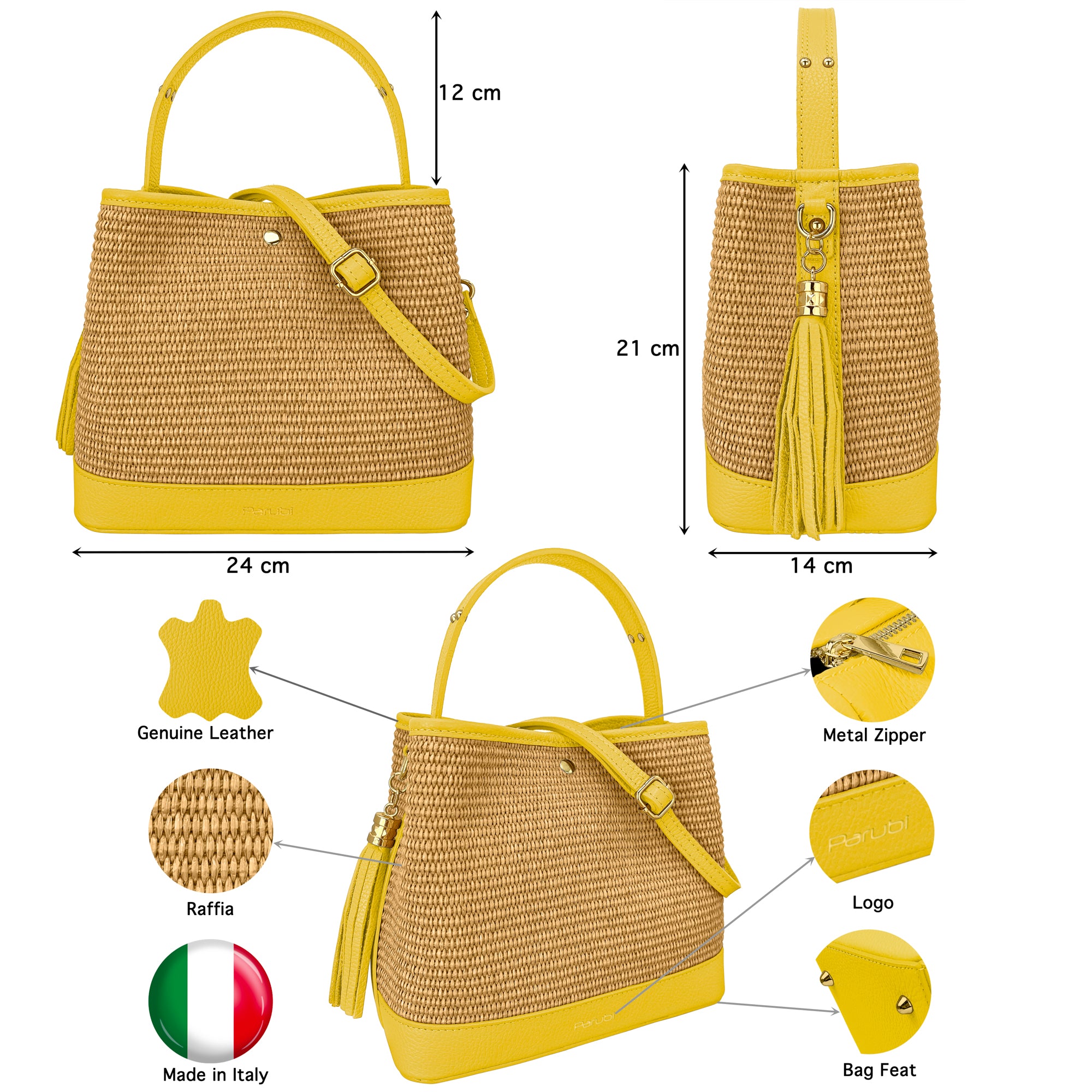 Borsa Secchiello Donna a Mano con Tracolla, In Vera Pelle e Rafia Naturale, Made in Italy, Modello Elide