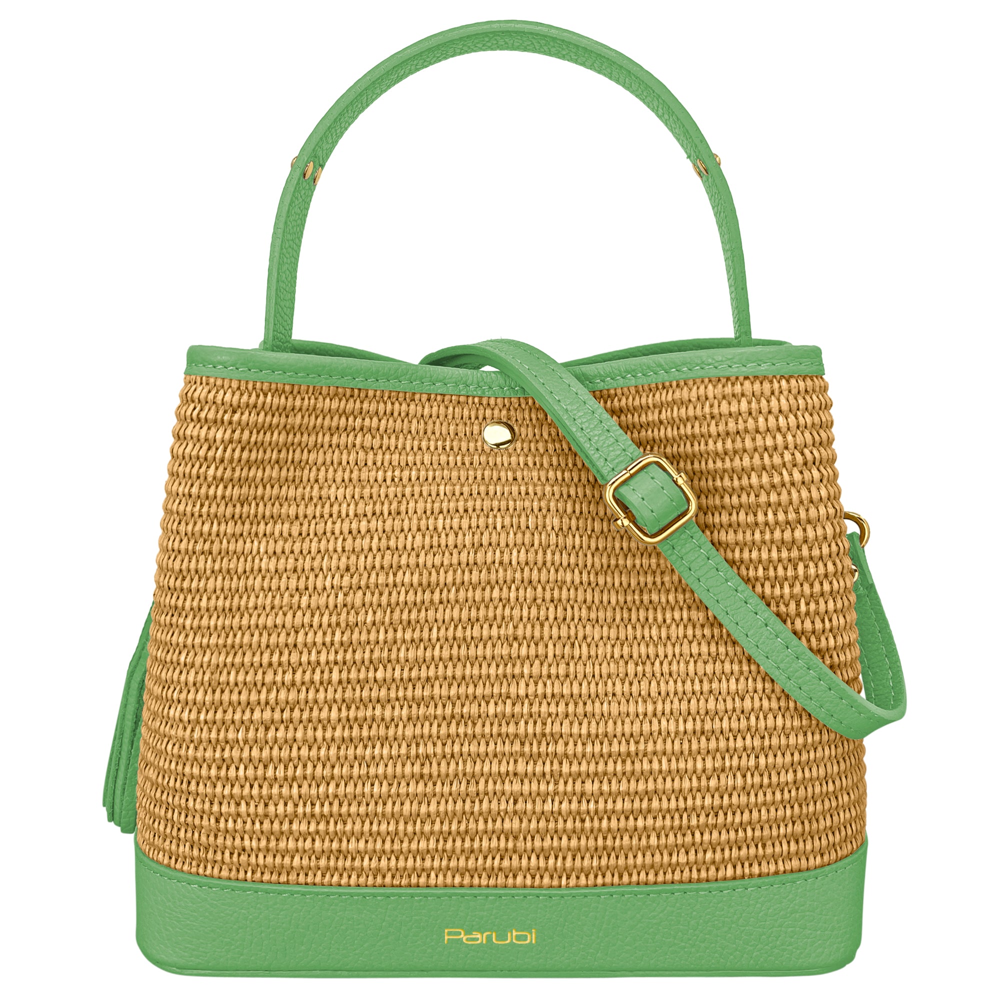 Borsa Secchiello Donna a Mano con Tracolla, In Vera Pelle e Rafia Naturale, Made in Italy, Modello Elide Verde Pastello
