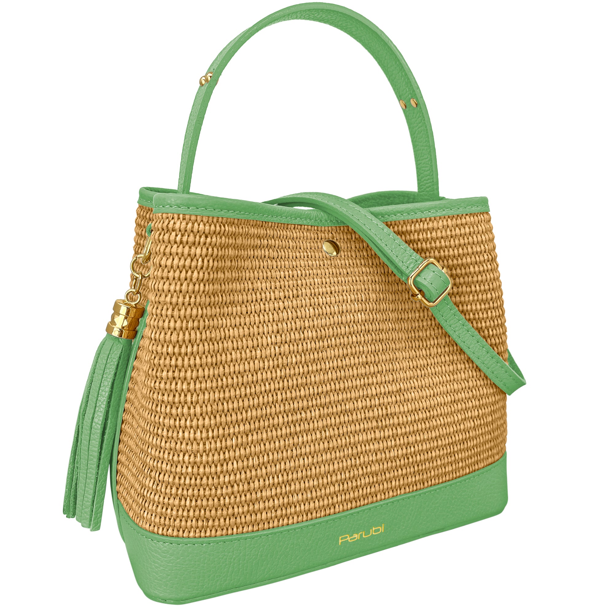 Borsa Secchiello Donna a Mano con Tracolla, In Vera Pelle e Rafia Naturale, Made in Italy, Modello Elide