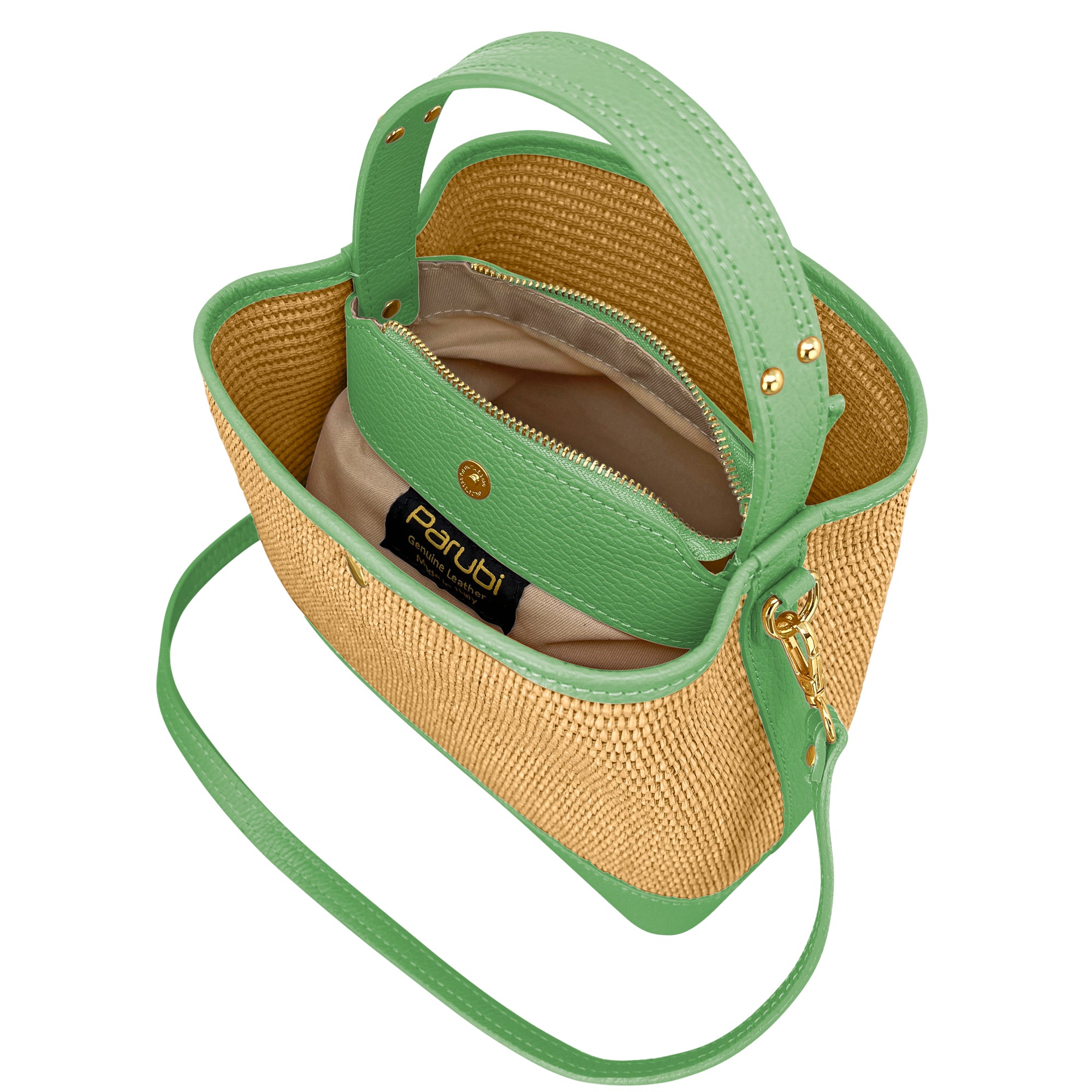 Borsa Secchiello Donna a Mano con Tracolla, In Vera Pelle e Rafia Naturale, Made in Italy, Modello Elide