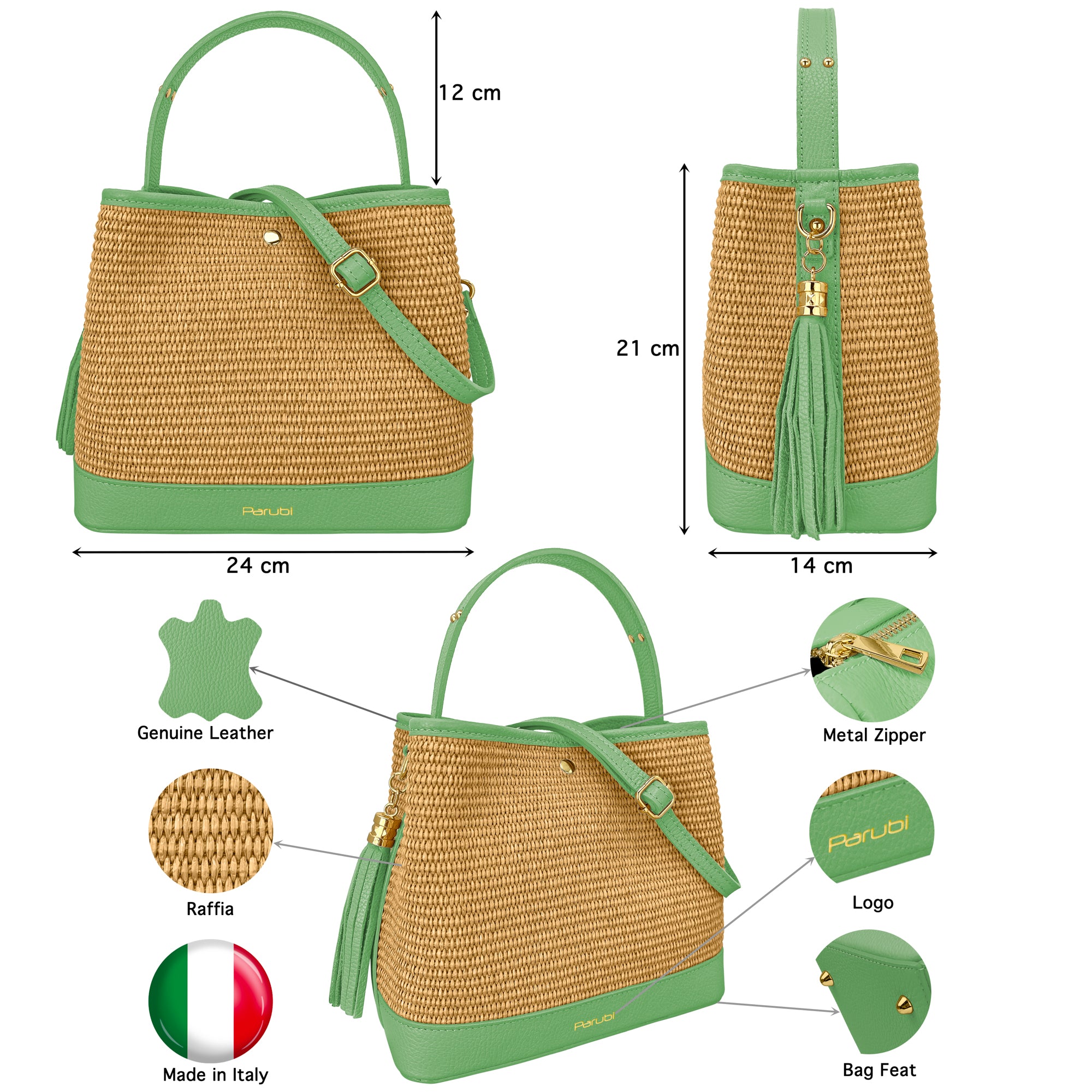 Borsa Secchiello Donna a Mano con Tracolla, In Vera Pelle e Rafia Naturale, Made in Italy, Modello Elide