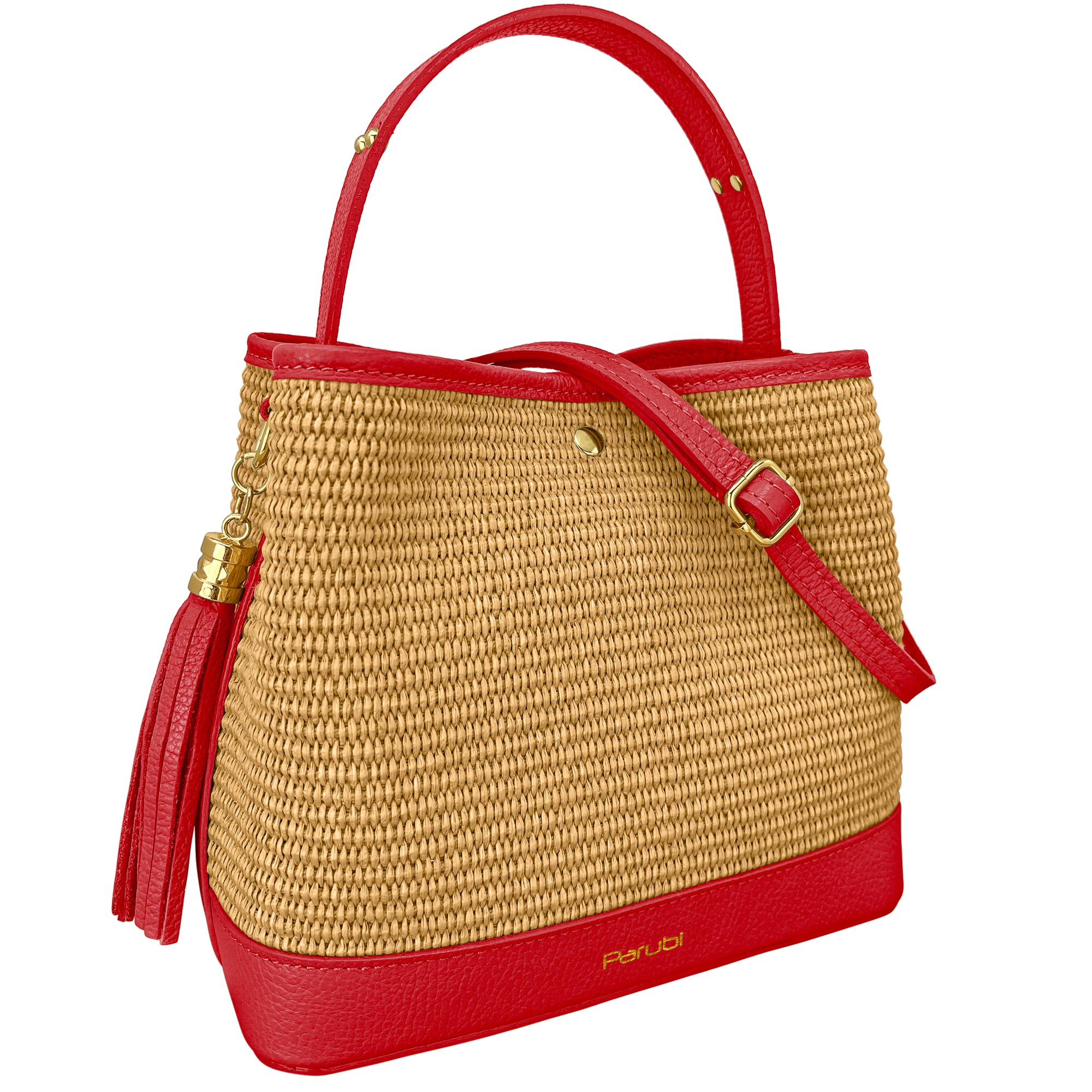 Borsa Secchiello Donna a Mano con Tracolla, In Vera Pelle e Rafia Naturale, Made in Italy, Modello Elide