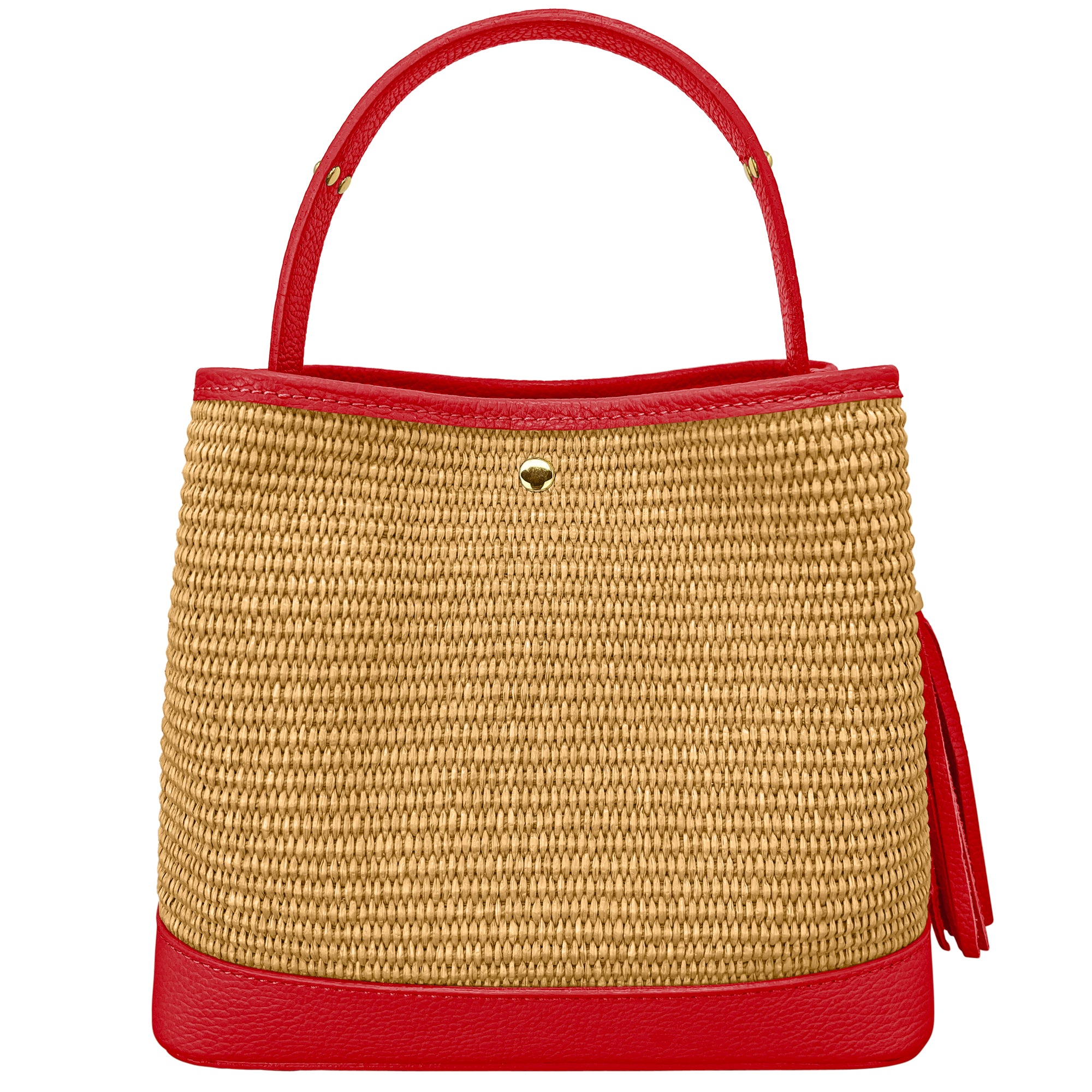 Borsa Secchiello Donna a Mano con Tracolla, In Vera Pelle e Rafia Naturale, Made in Italy, Modello Elide