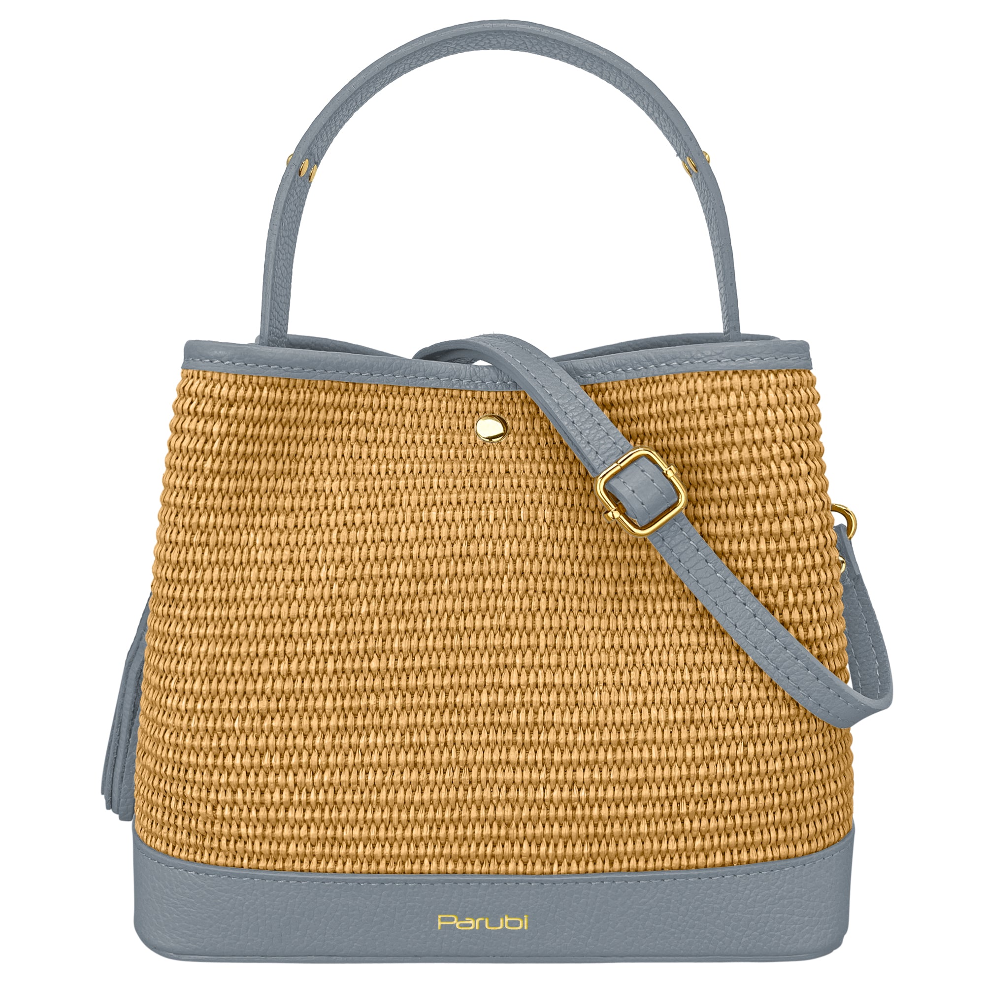 Borsa Secchiello Donna a Mano con Tracolla, In Vera Pelle e Rafia Naturale, Made in Italy, Modello Elide Avio