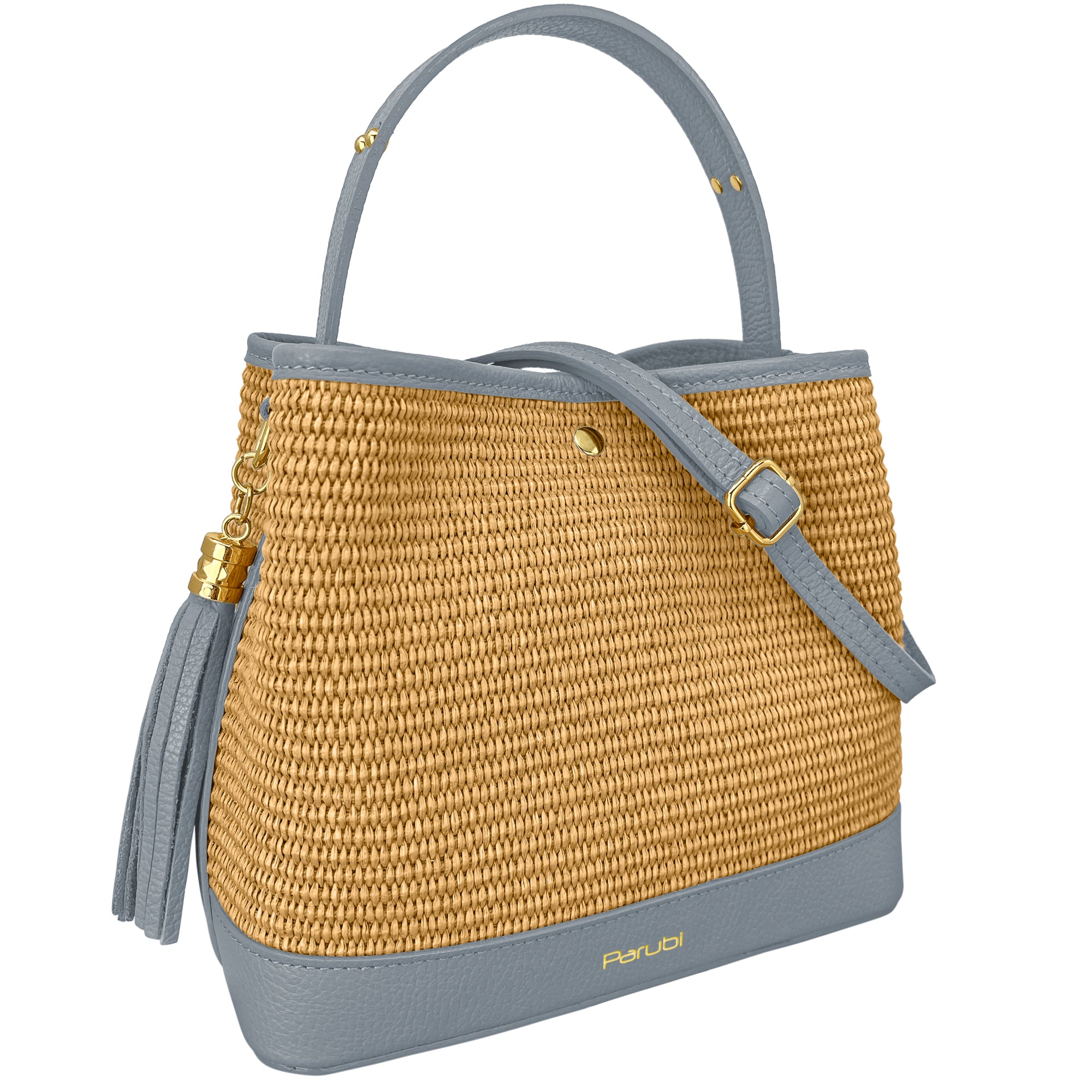 Borsa Secchiello Donna a Mano con Tracolla, In Vera Pelle e Rafia Naturale, Made in Italy, Modello Elide