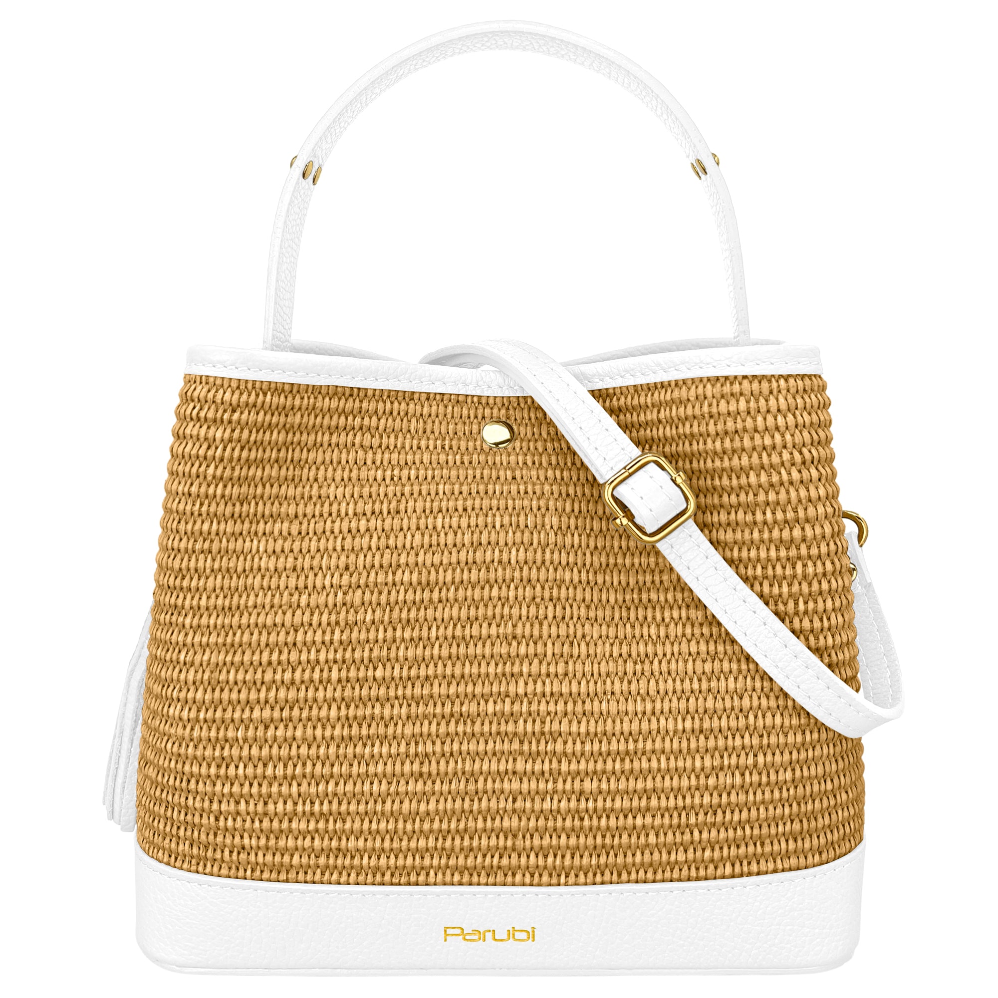 Borsa Secchiello Donna a Mano con Tracolla, In Vera Pelle e Rafia Naturale, Made in Italy, Modello Elide Bianco