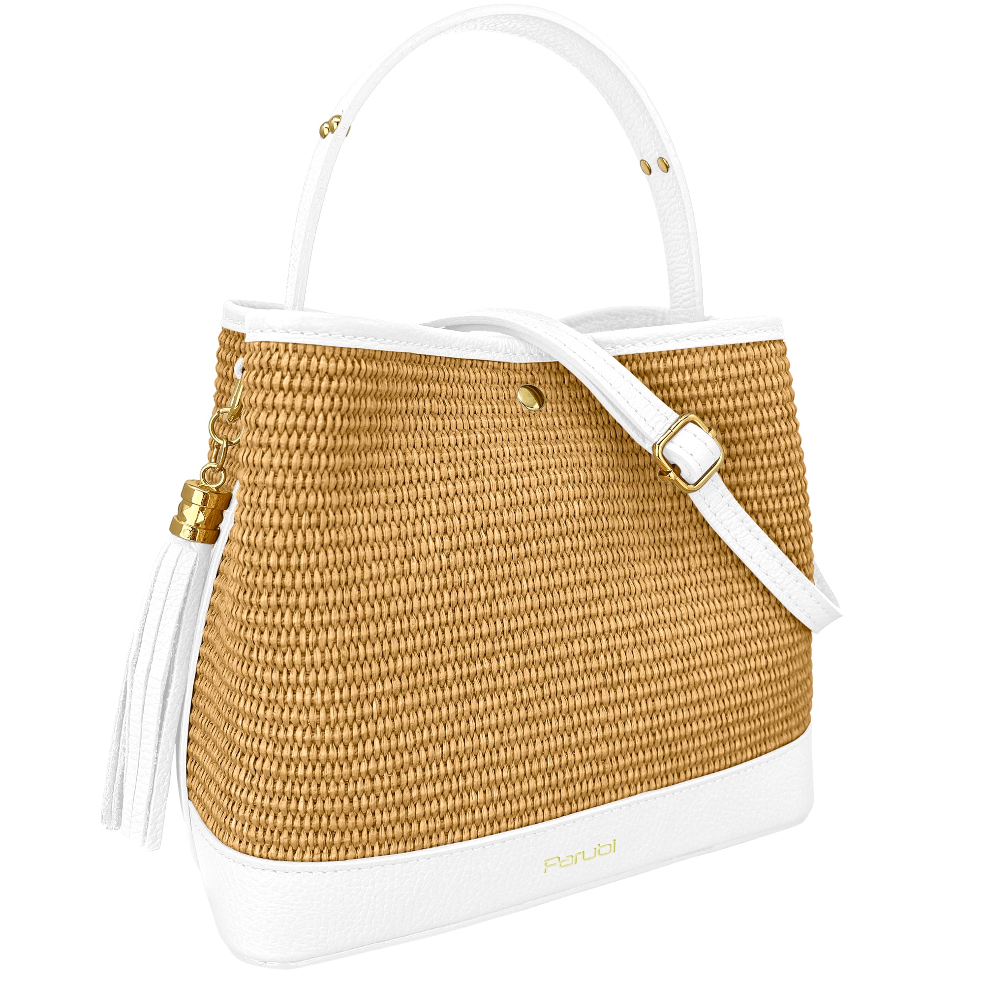 Borsa Secchiello Donna a Mano con Tracolla, In Vera Pelle e Rafia Naturale, Made in Italy, Modello Elide