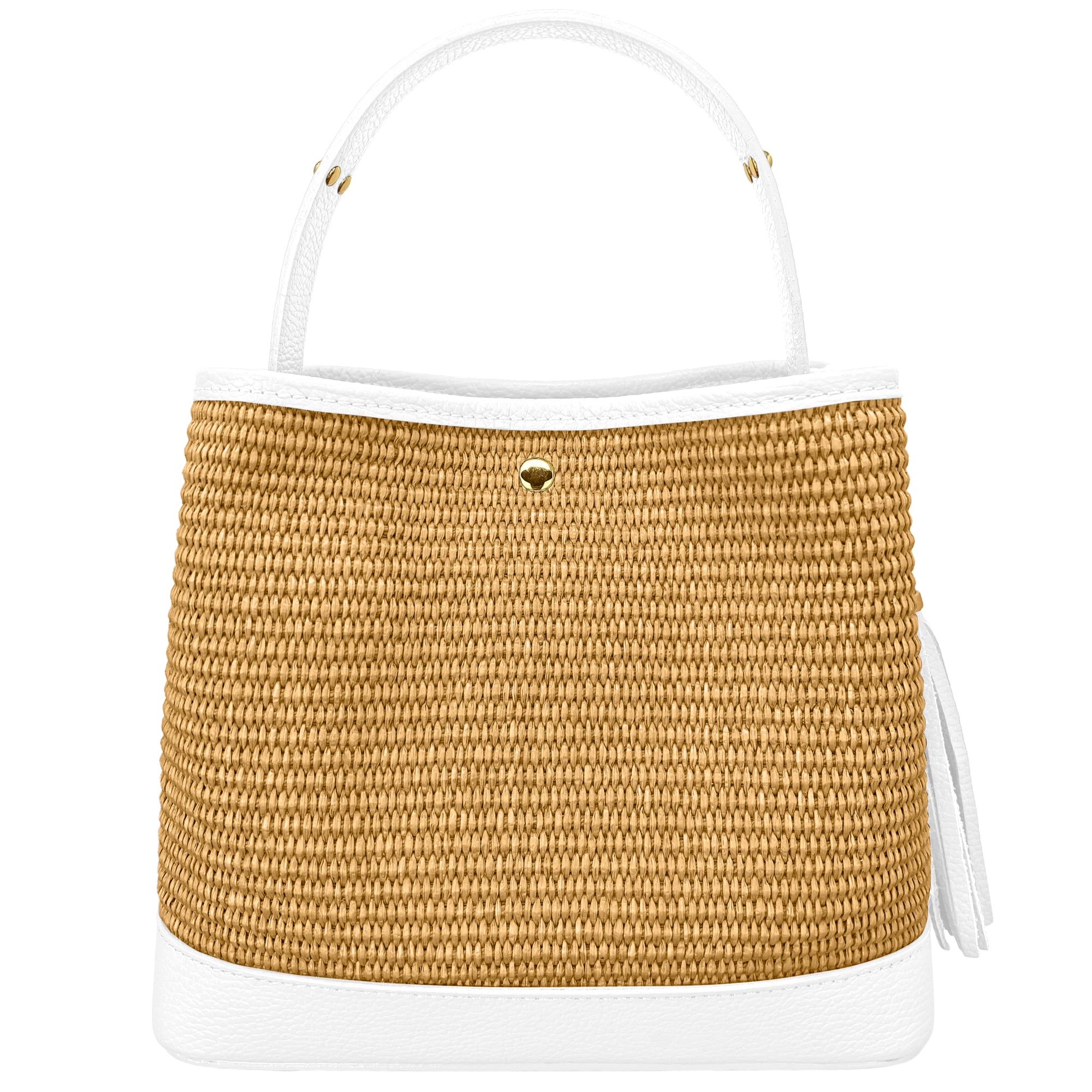Borsa Secchiello Donna a Mano con Tracolla, In Vera Pelle e Rafia Naturale, Made in Italy, Modello Elide