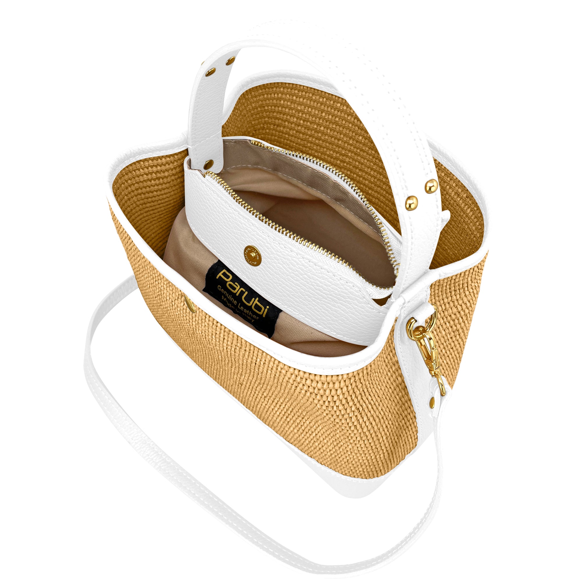 Borsa Secchiello Donna a Mano con Tracolla, In Vera Pelle e Rafia Naturale, Made in Italy, Modello Elide