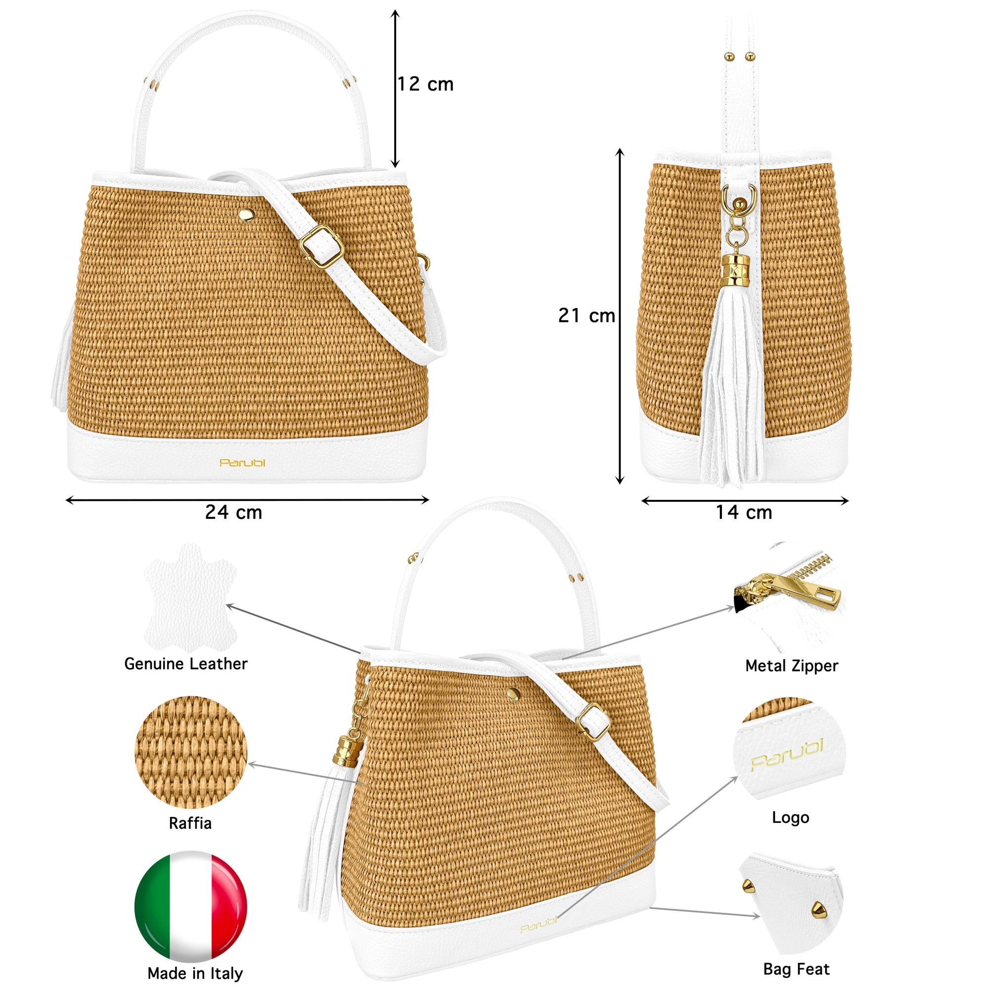 Borsa Secchiello Donna a Mano con Tracolla, In Vera Pelle e Rafia Naturale, Made in Italy, Modello Elide
