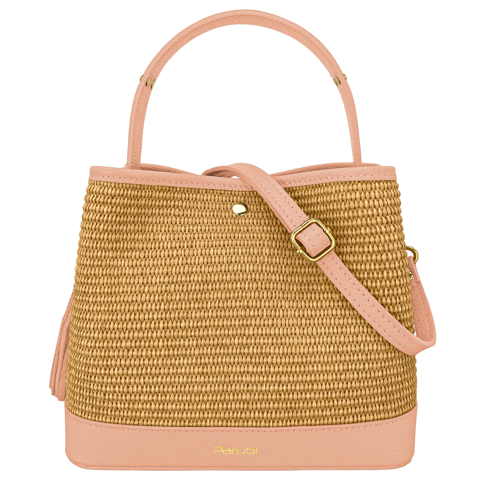 Borsa Secchiello Donna a Mano con Tracolla, In Vera Pelle e Rafia Naturale, Made in Italy, Modello Elide Rosa Cipria