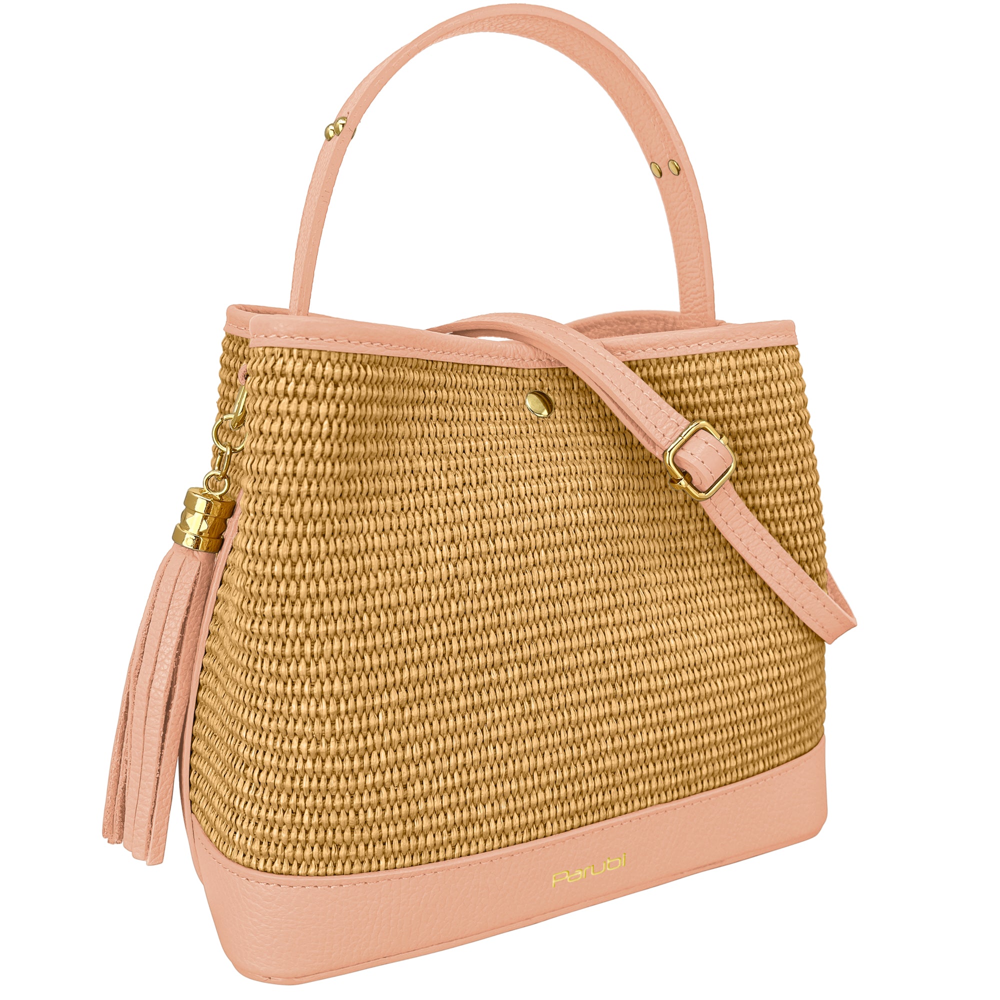 Borsa Secchiello Donna a Mano con Tracolla, In Vera Pelle e Rafia Naturale, Made in Italy, Modello Elide