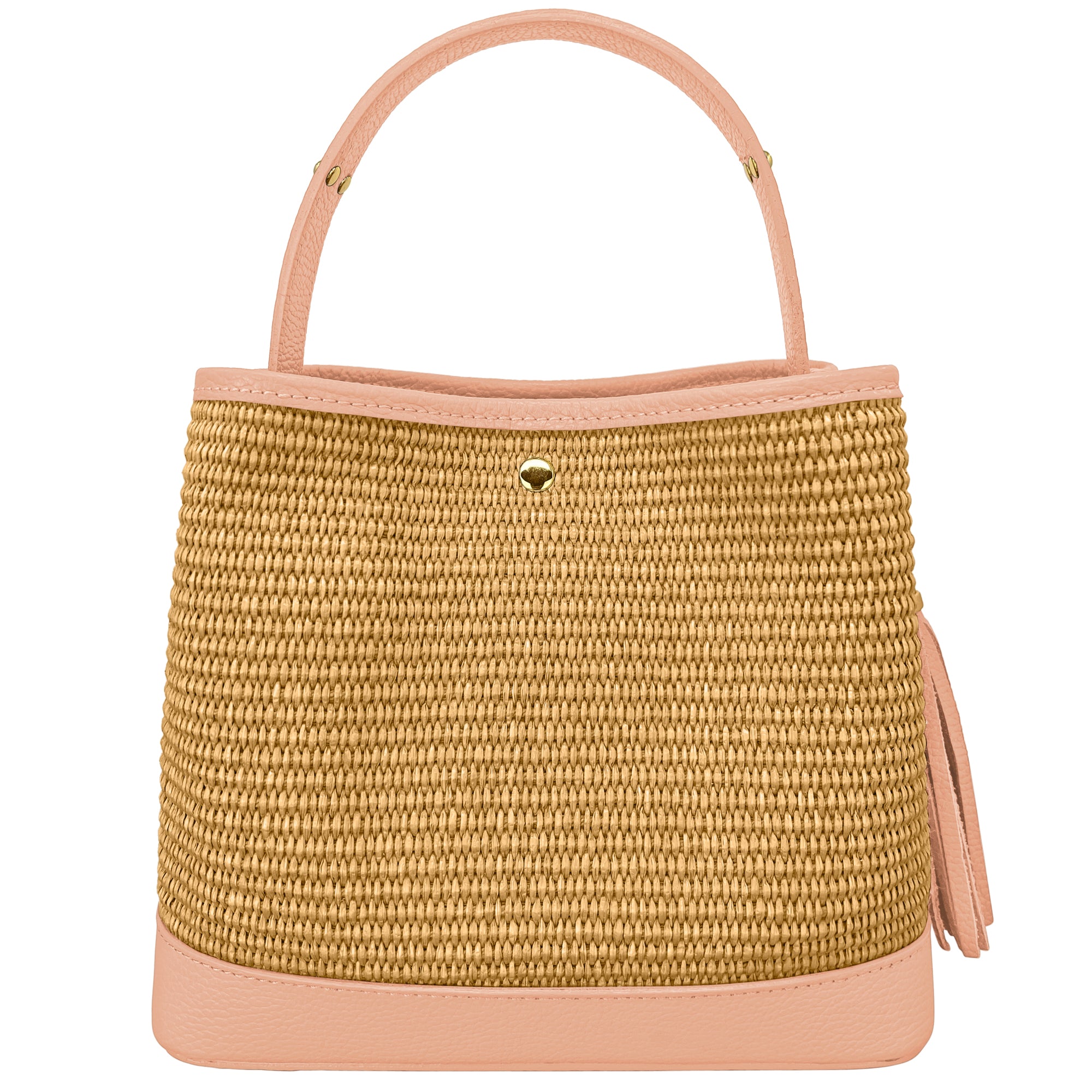 Borsa Secchiello Donna a Mano con Tracolla, In Vera Pelle e Rafia Naturale, Made in Italy, Modello Elide