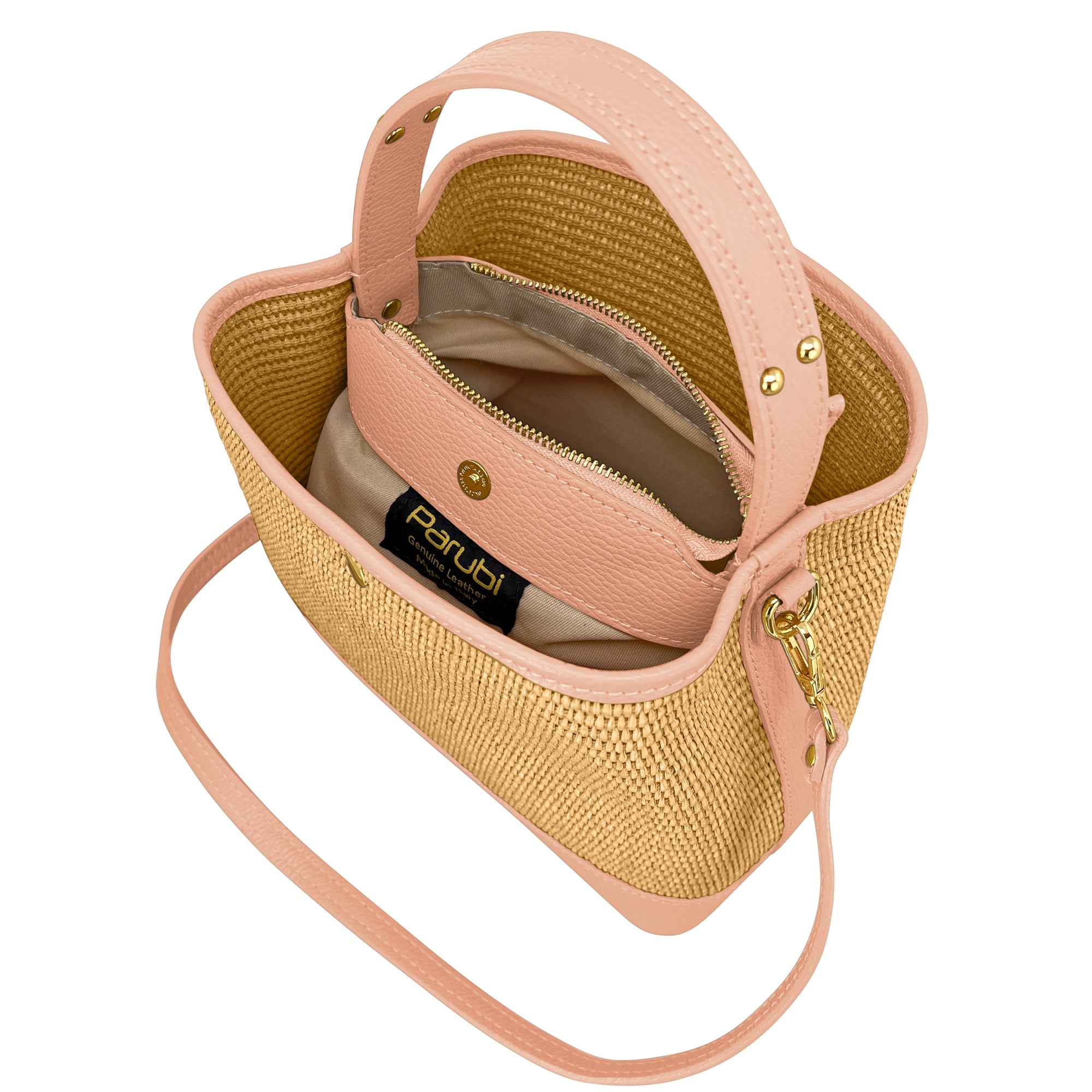 Borsa Secchiello Donna a Mano con Tracolla, In Vera Pelle e Rafia Naturale, Made in Italy, Modello Elide