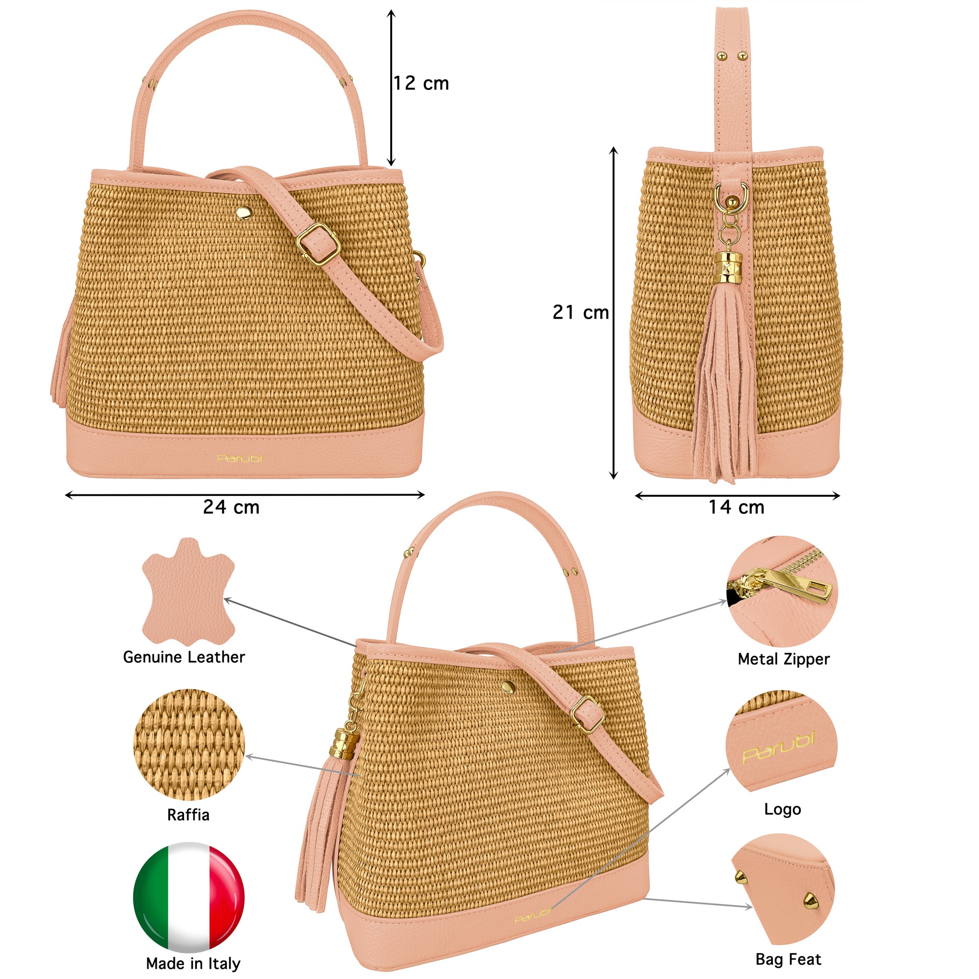 Borsa Secchiello Donna a Mano con Tracolla, In Vera Pelle e Rafia Naturale, Made in Italy, Modello Elide