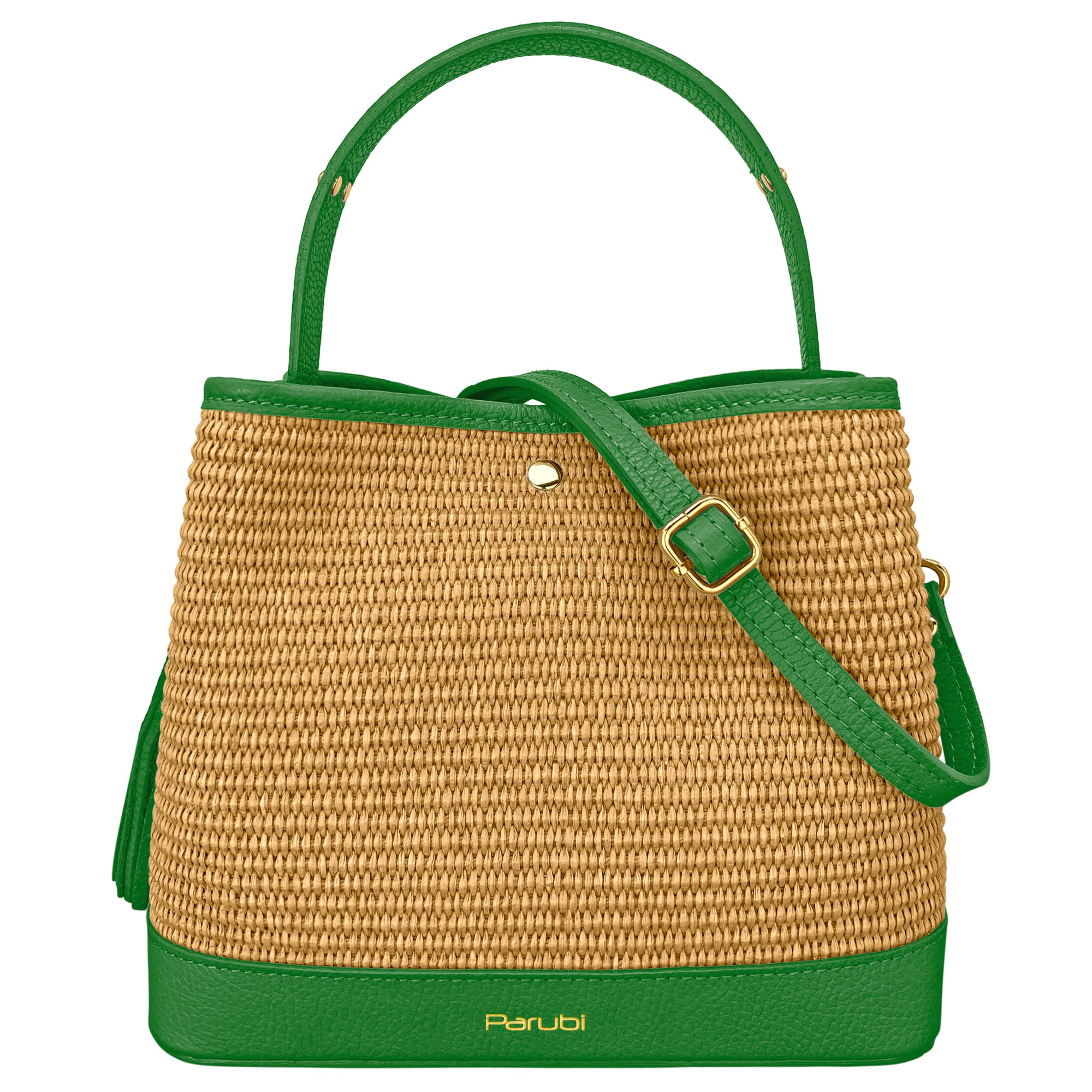Borsa Secchiello Donna a Mano con Tracolla, In Vera Pelle e Rafia Naturale, Made in Italy, Modello Elide Verde Bottiglia