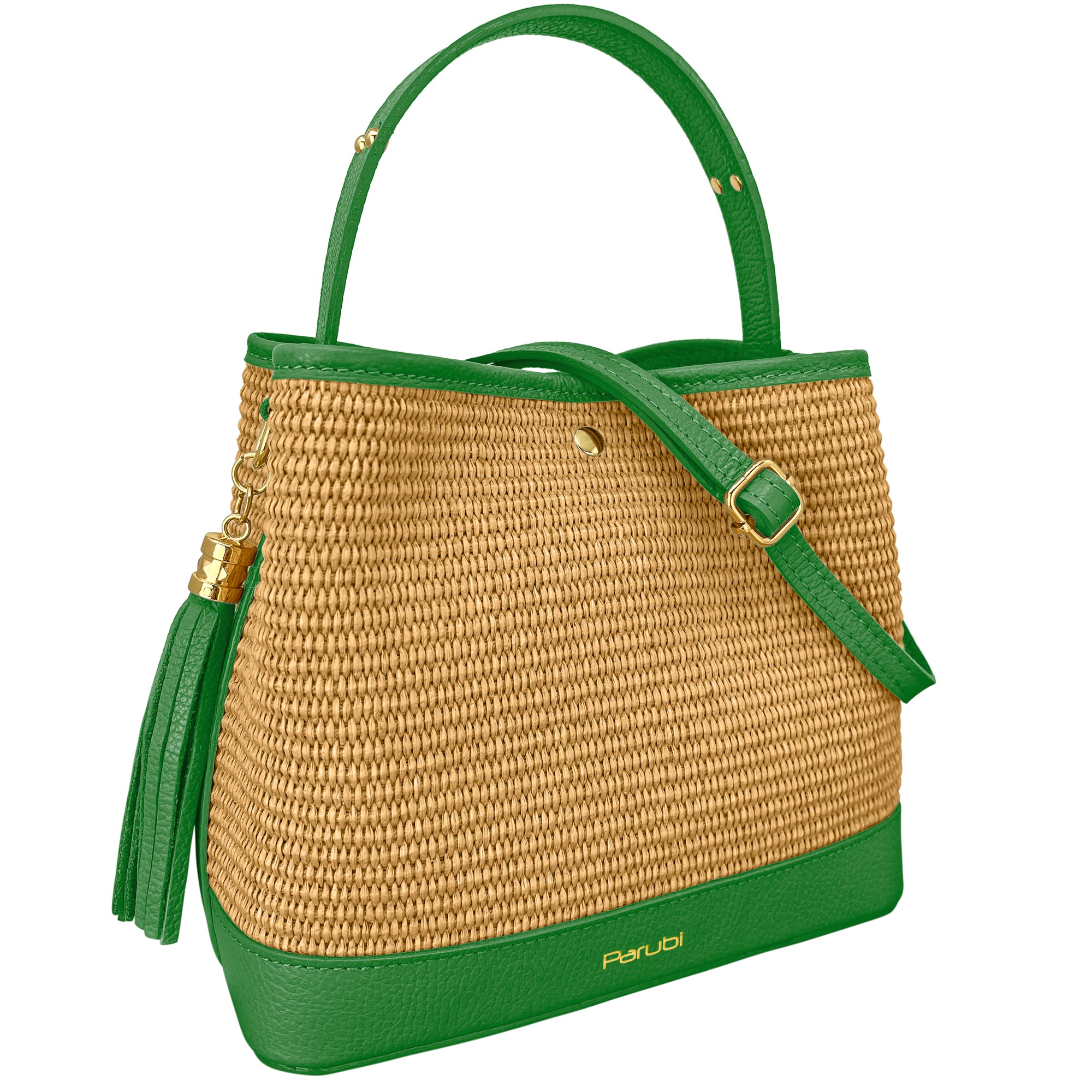 Borsa Secchiello Donna a Mano con Tracolla, In Vera Pelle e Rafia Naturale, Made in Italy, Modello Elide