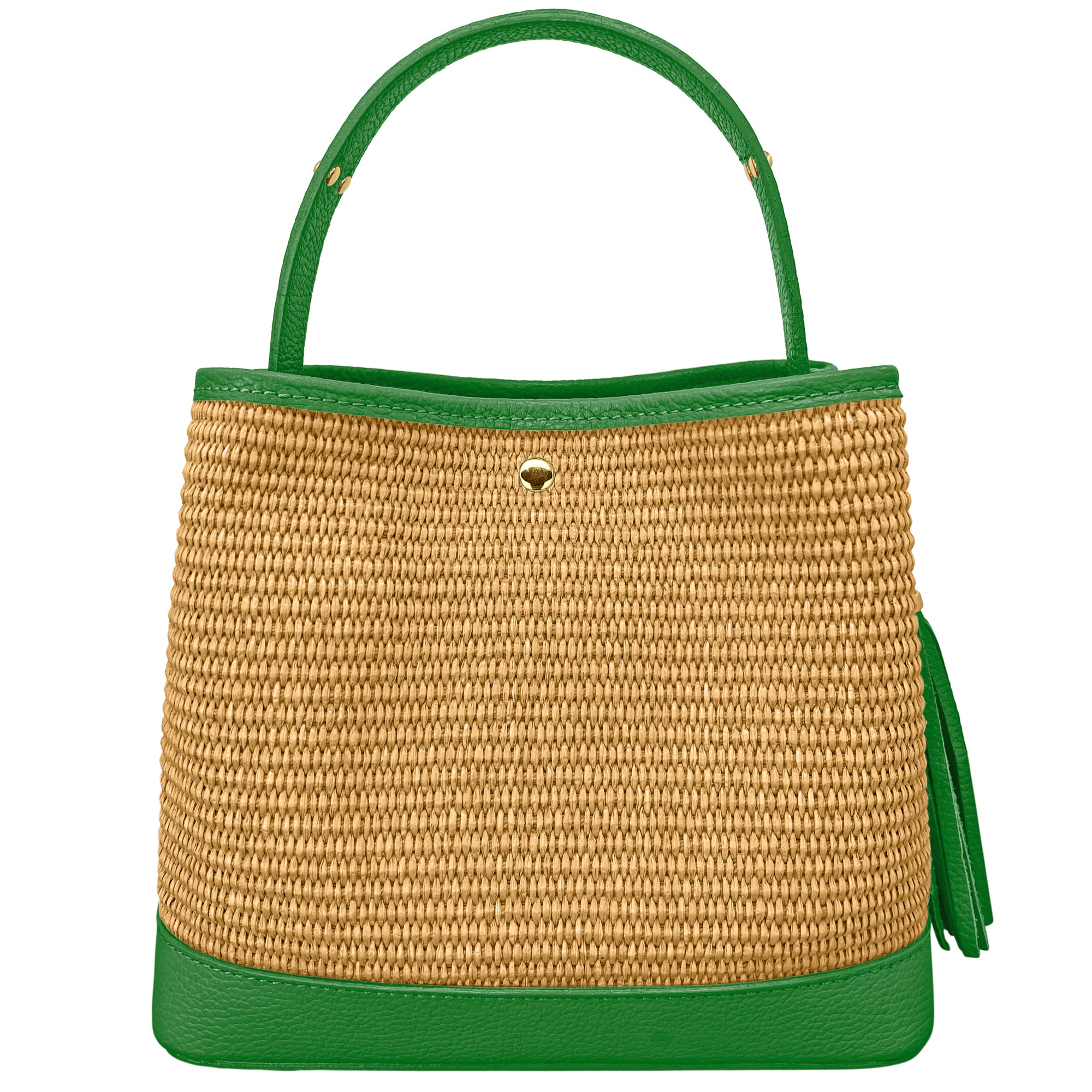 Borsa Secchiello Donna a Mano con Tracolla, In Vera Pelle e Rafia Naturale, Made in Italy, Modello Elide