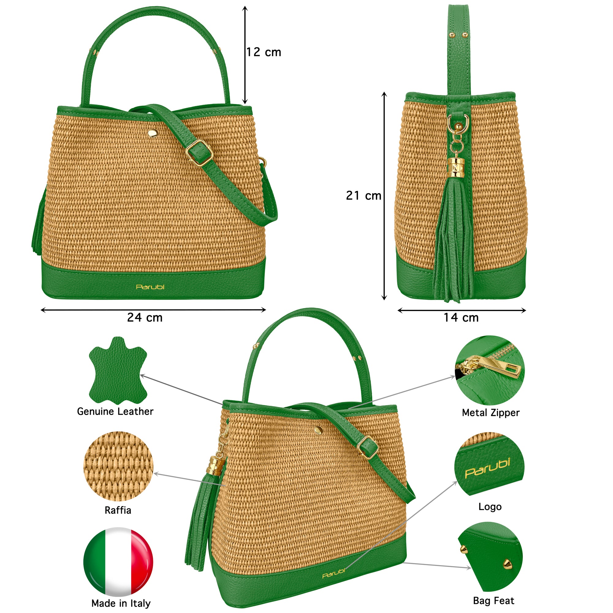 Borsa Secchiello Donna a Mano con Tracolla, In Vera Pelle e Rafia Naturale, Made in Italy, Modello Elide