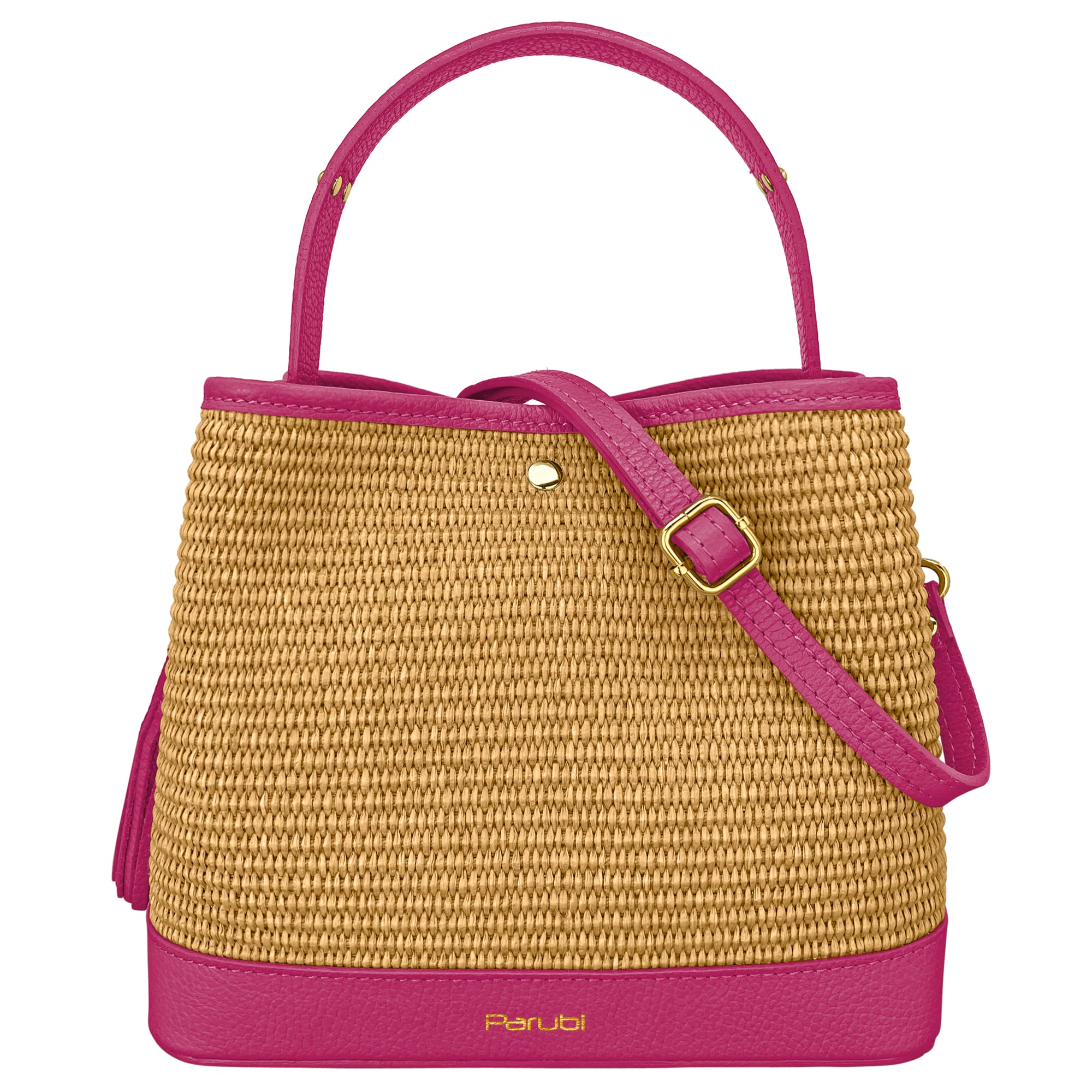 Borsa Secchiello Donna a Mano con Tracolla, In Vera Pelle e Rafia Naturale, Made in Italy, Modello Elide Fucsia