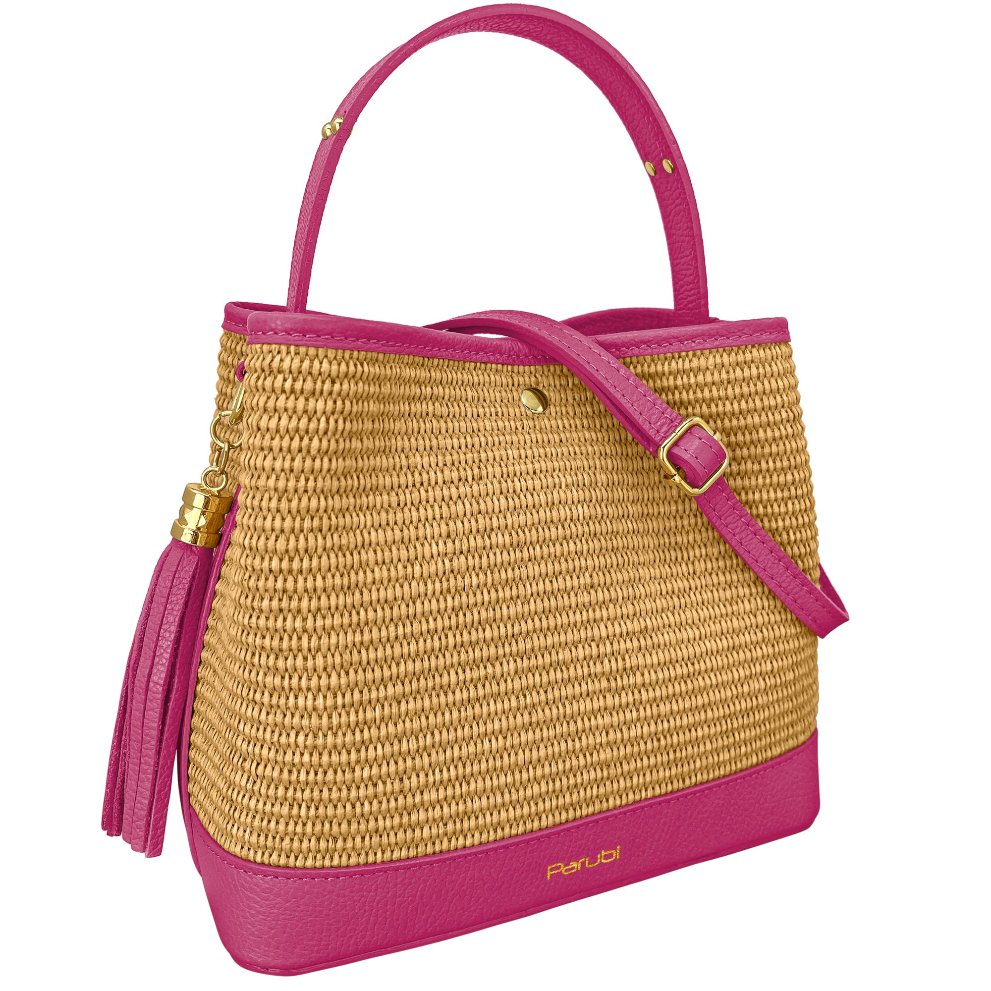 Borsa Secchiello Donna a Mano con Tracolla, In Vera Pelle e Rafia Naturale, Made in Italy, Modello Elide