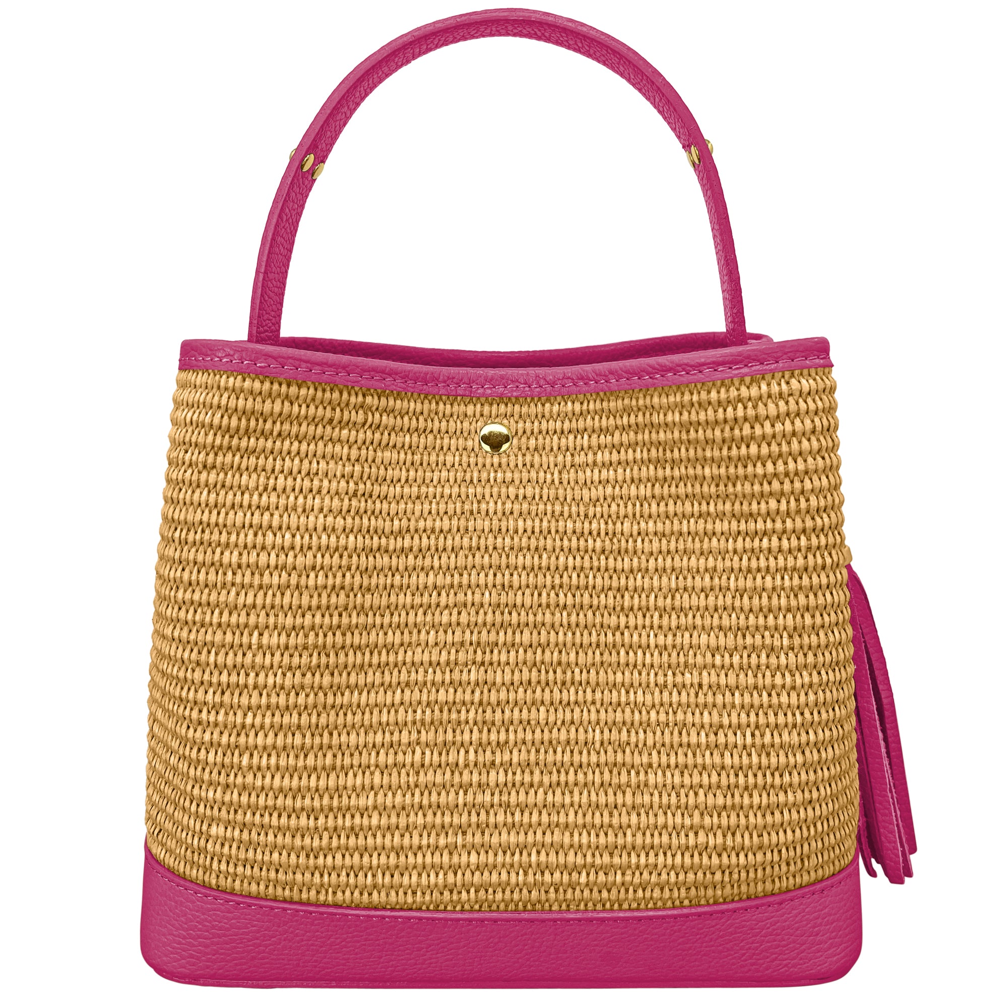 Borsa Secchiello Donna a Mano con Tracolla, In Vera Pelle e Rafia Naturale, Made in Italy, Modello Elide