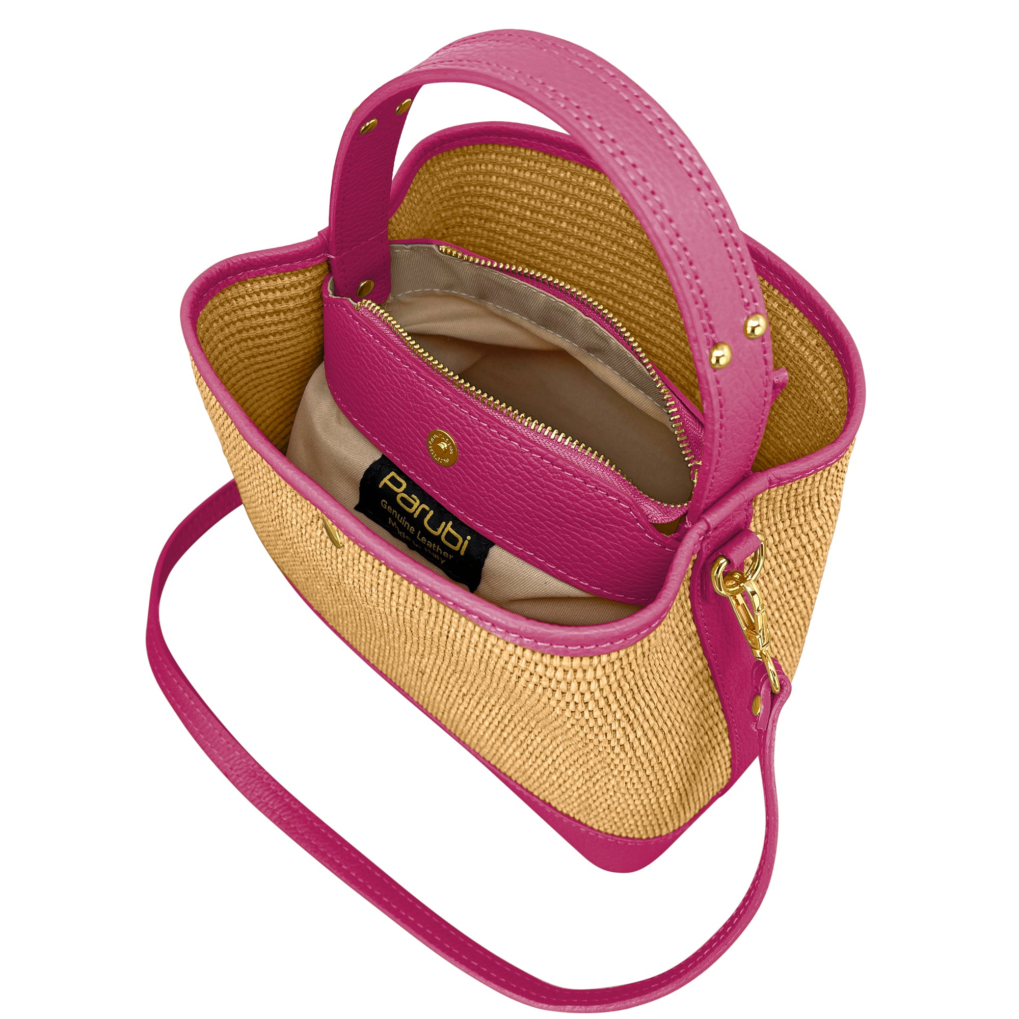 Borsa Secchiello Donna a Mano con Tracolla, In Vera Pelle e Rafia Naturale, Made in Italy, Modello Elide