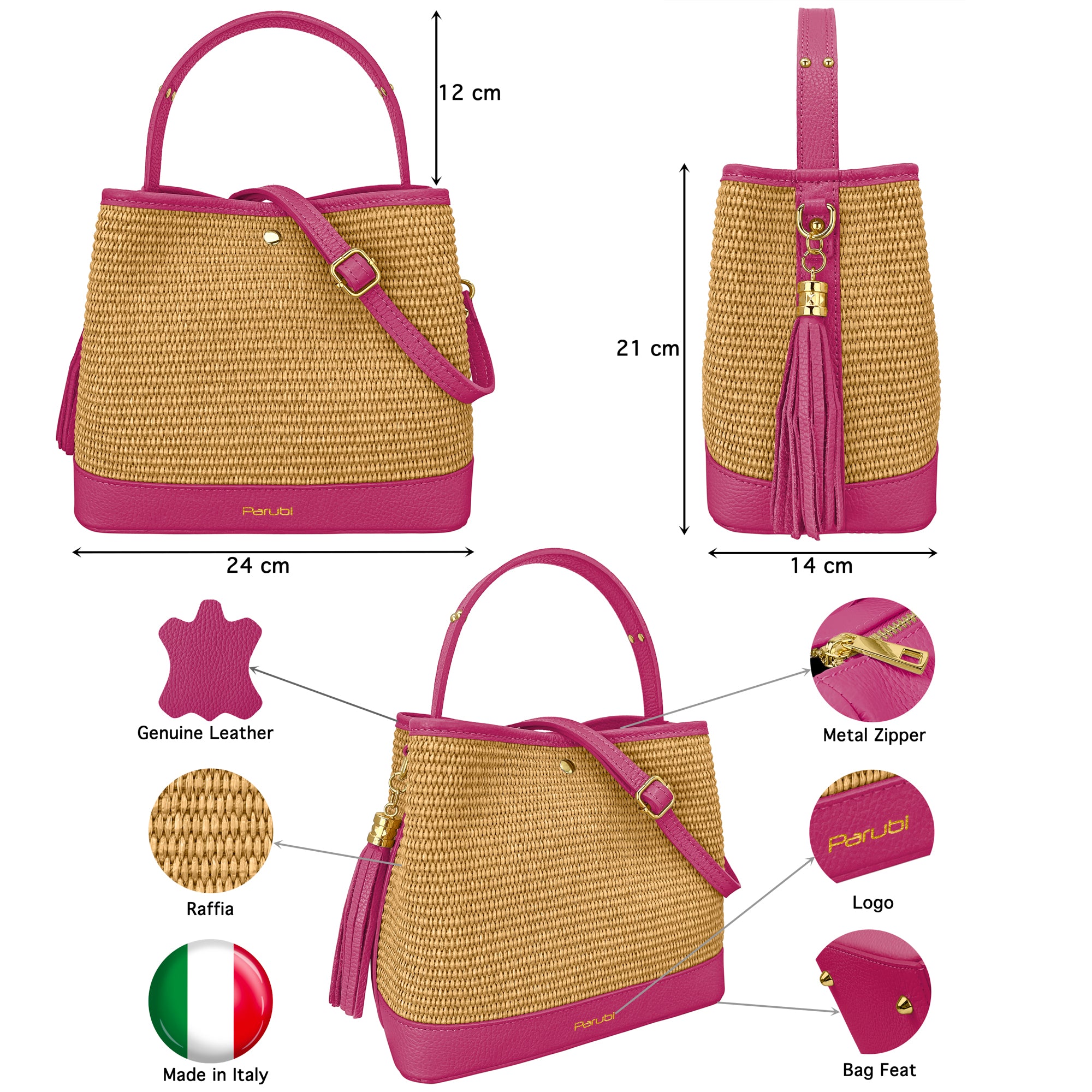 Borsa Secchiello Donna a Mano con Tracolla, In Vera Pelle e Rafia Naturale, Made in Italy, Modello Elide
