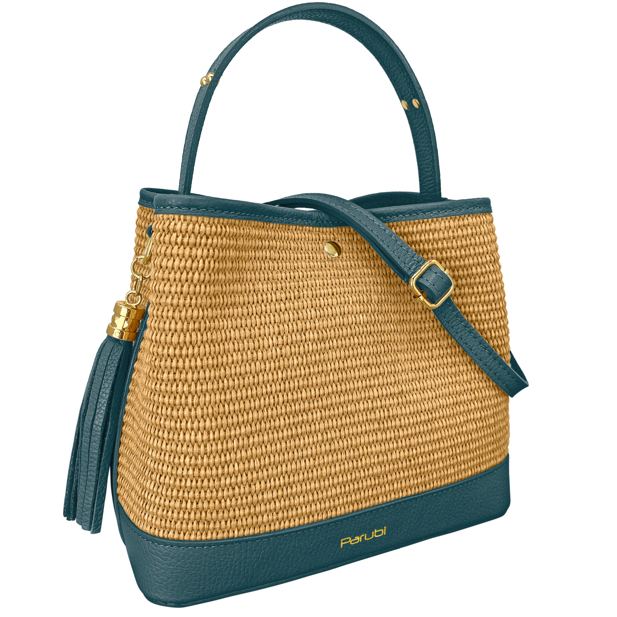 Borsa Secchiello Donna a Mano con Tracolla, In Vera Pelle e Rafia Naturale, Made in Italy, Modello Elide