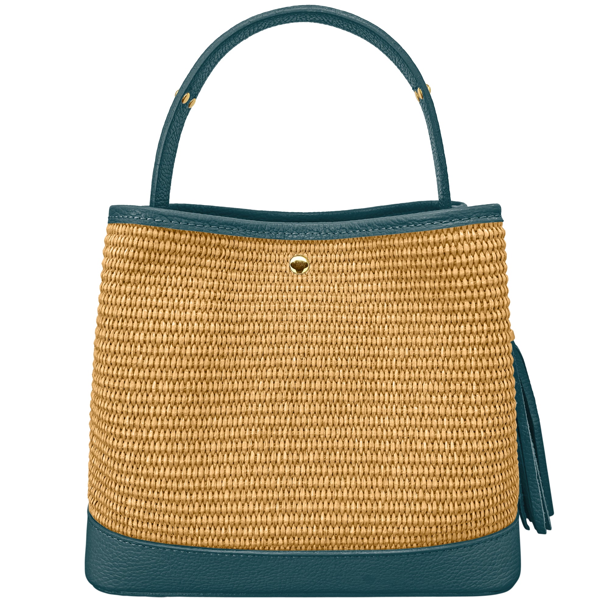 Borsa Secchiello Donna a Mano con Tracolla, In Vera Pelle e Rafia Naturale, Made in Italy, Modello Elide