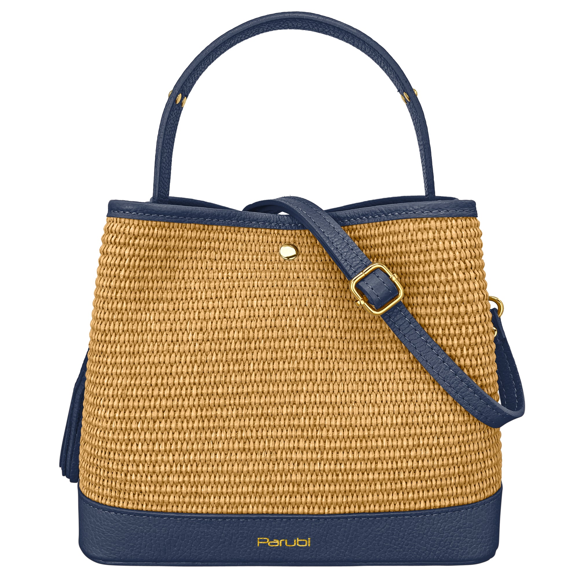 Borsa Secchiello Donna a Mano con Tracolla, In Vera Pelle e Rafia Naturale, Made in Italy, Modello Elide Blu Jeans