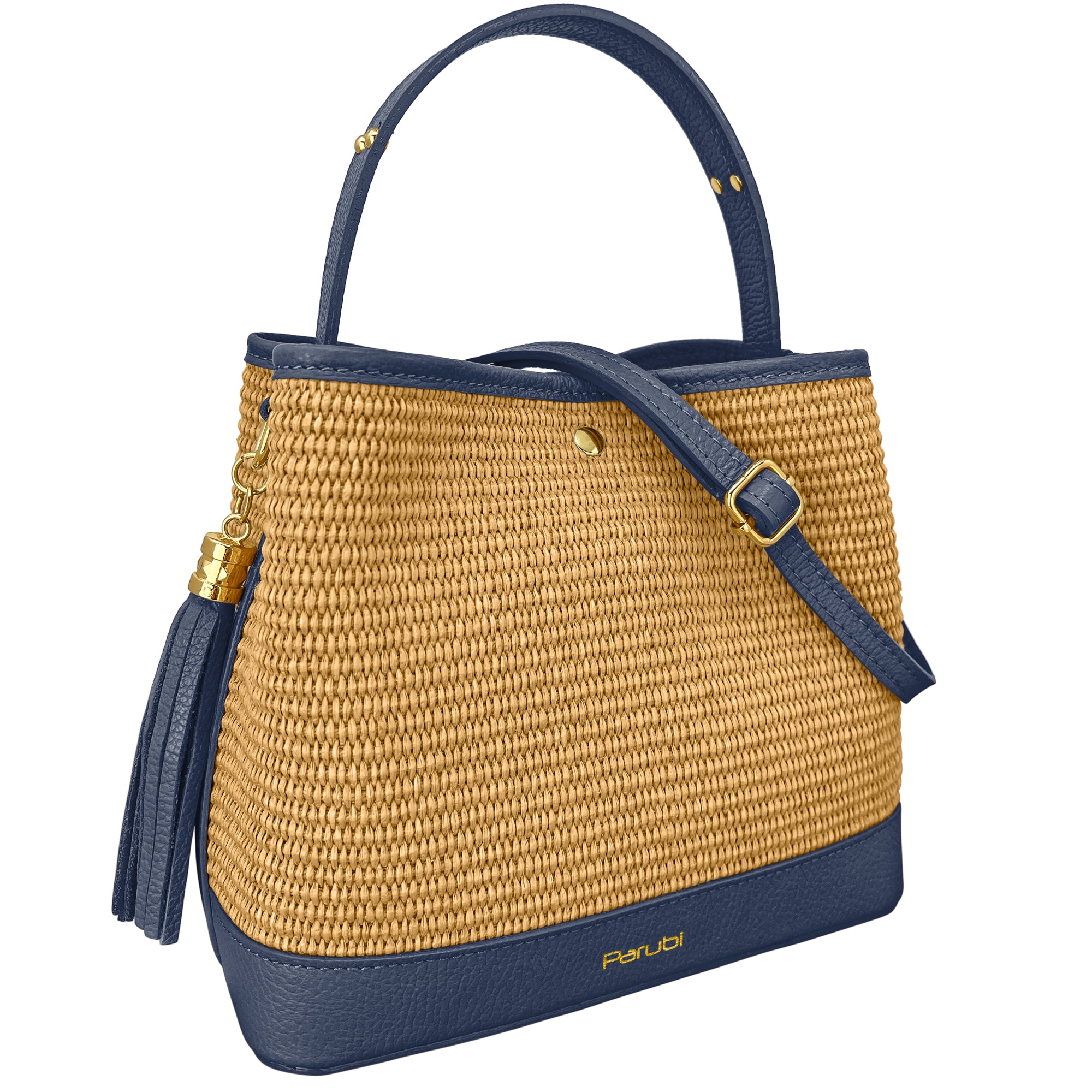 Borsa Secchiello Donna a Mano con Tracolla, In Vera Pelle e Rafia Naturale, Made in Italy, Modello Elide