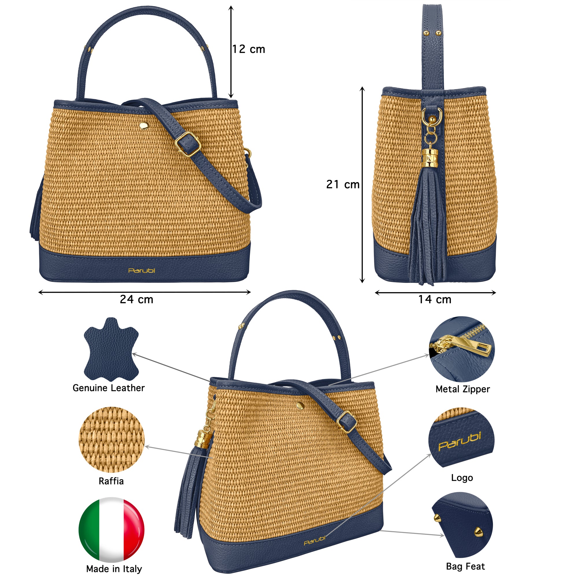 Borsa Secchiello Donna a Mano con Tracolla, In Vera Pelle e Rafia Naturale, Made in Italy, Modello Elide