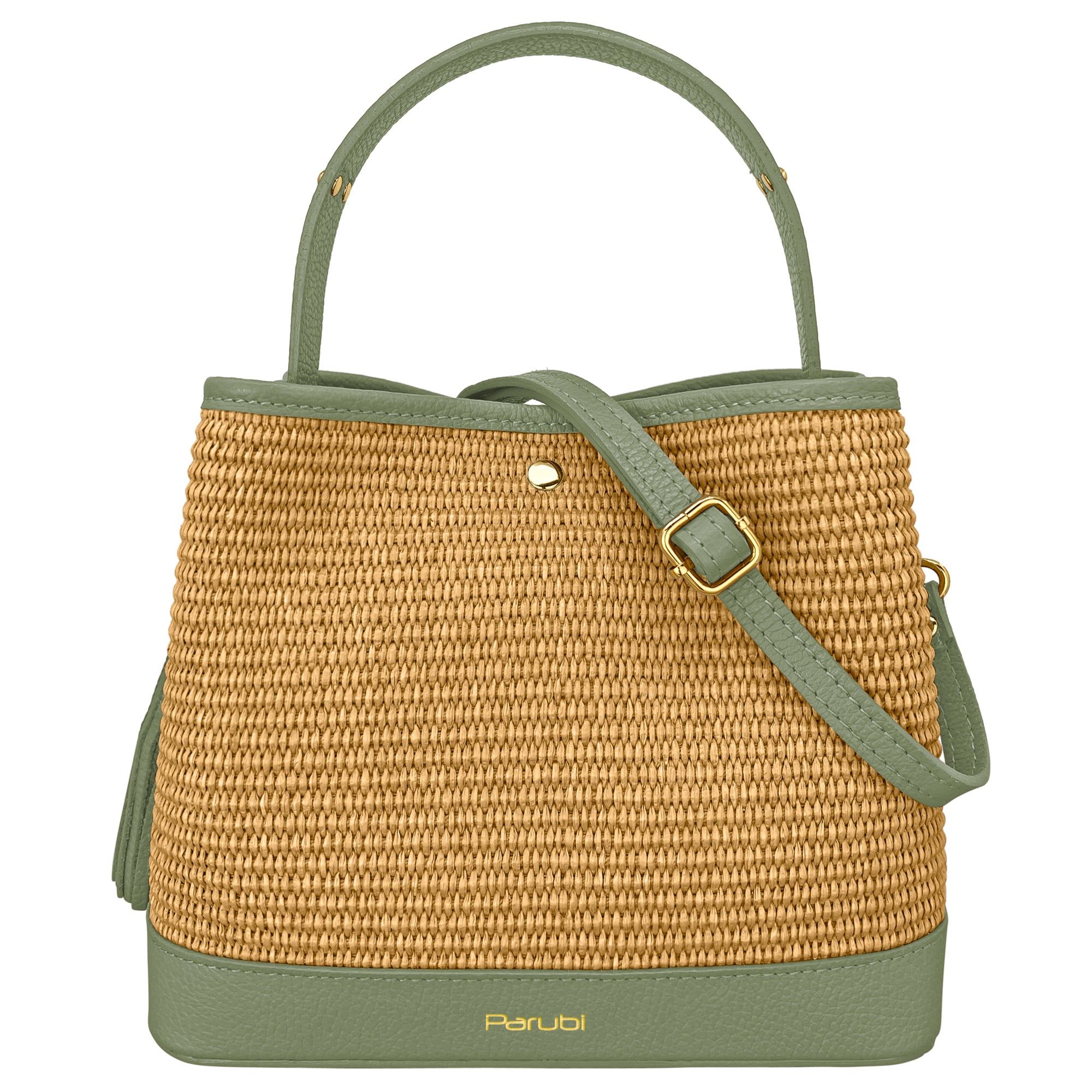 Borsa Secchiello Donna a Mano con Tracolla, In Vera Pelle e Rafia Naturale, Made in Italy, Modello Elide Verde Salvia