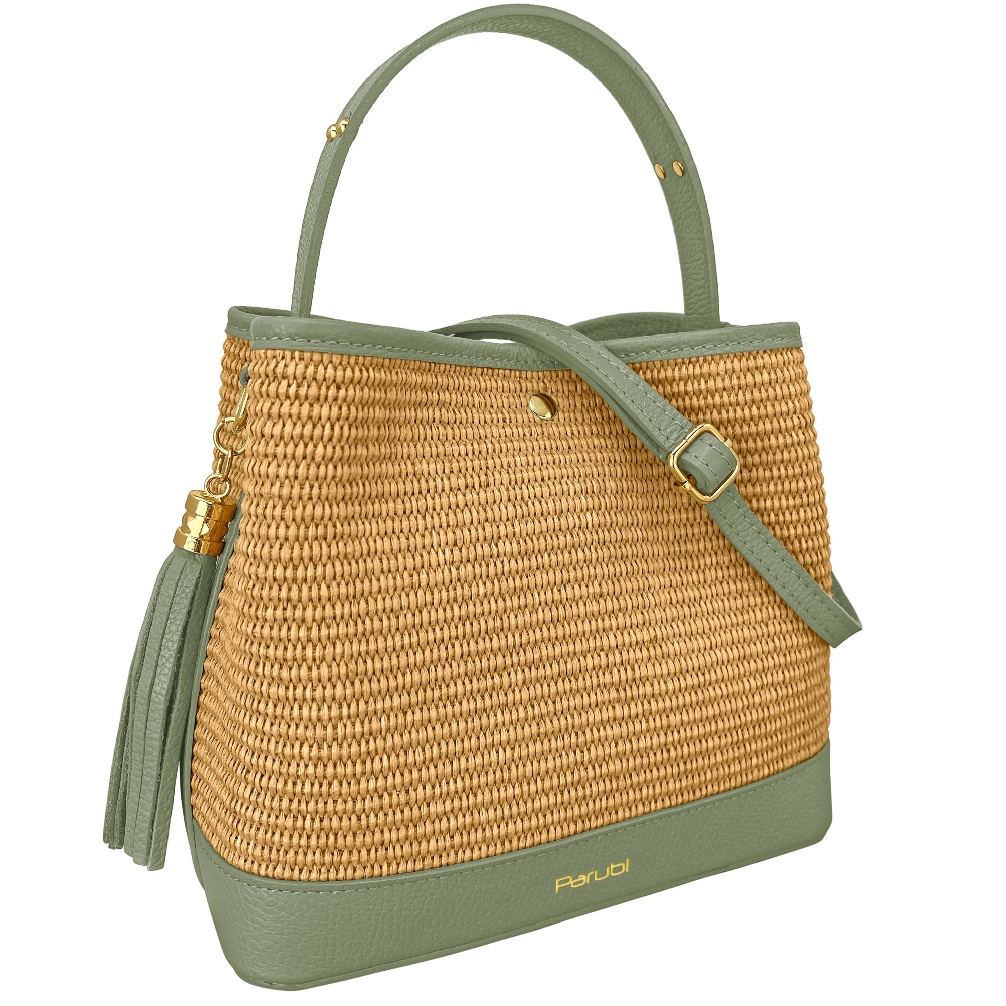 Borsa Secchiello Donna a Mano con Tracolla, In Vera Pelle e Rafia Naturale, Made in Italy, Modello Elide