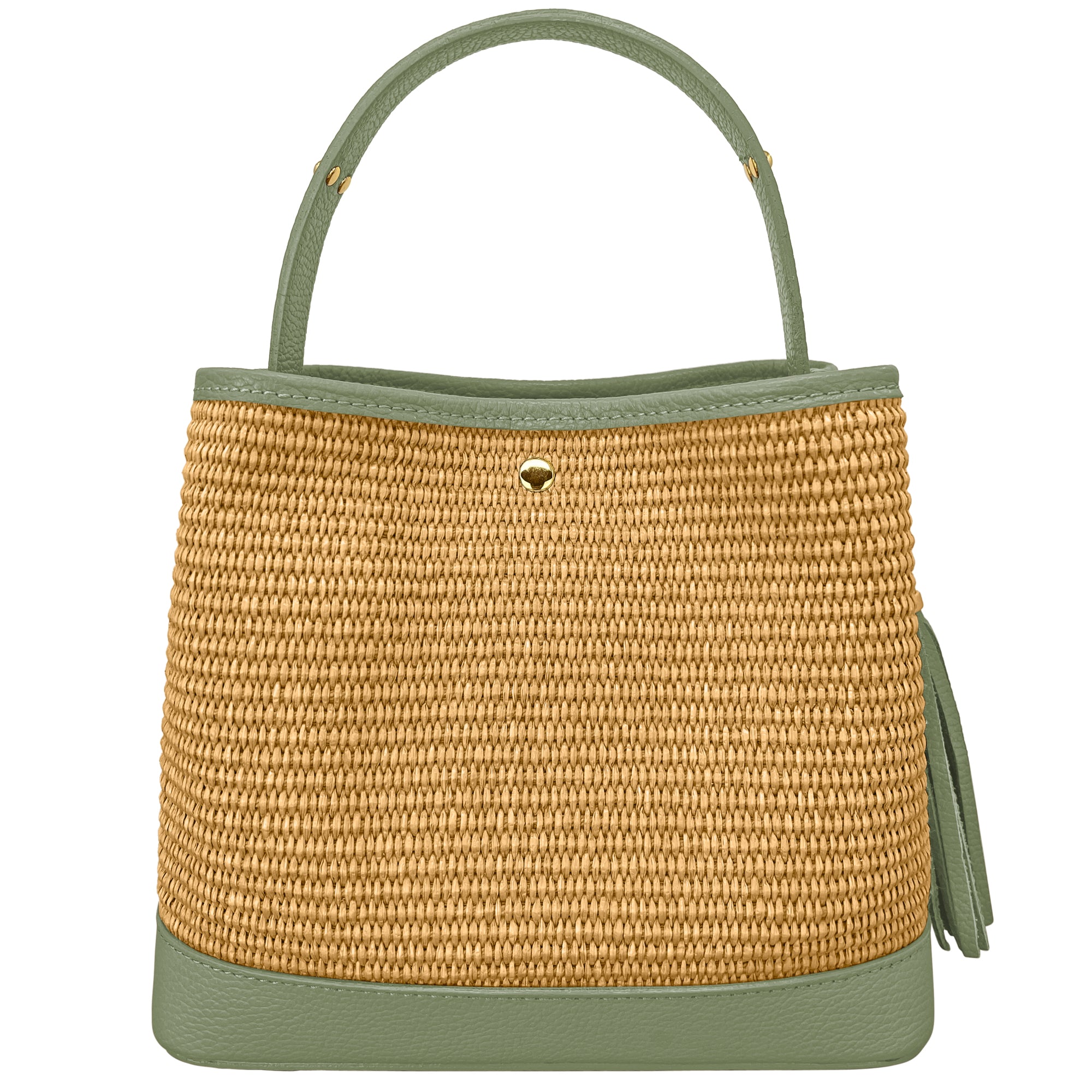 Borsa Secchiello Donna a Mano con Tracolla, In Vera Pelle e Rafia Naturale, Made in Italy, Modello Elide