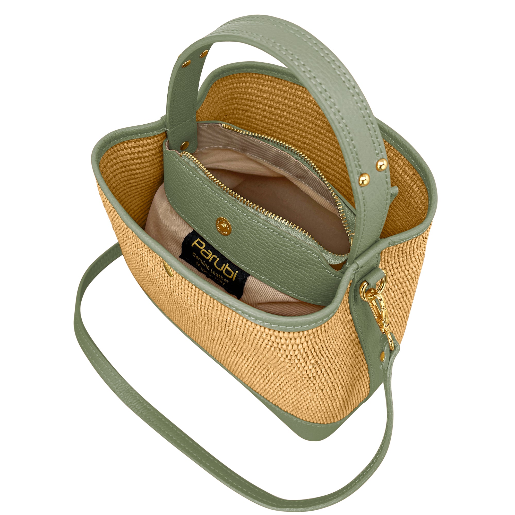 Borsa Secchiello Donna a Mano con Tracolla, In Vera Pelle e Rafia Naturale, Made in Italy, Modello Elide