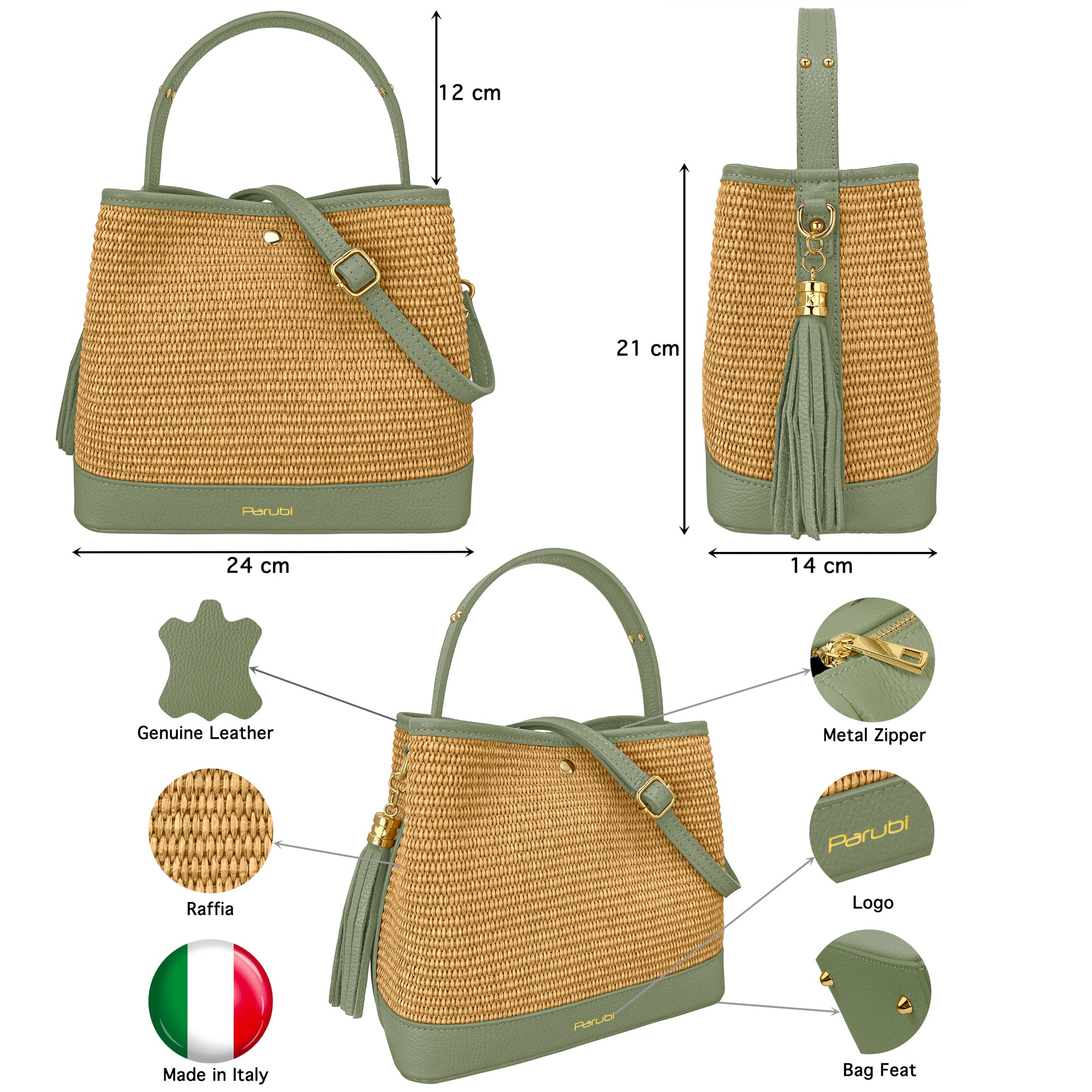 Borsa Secchiello Donna a Mano con Tracolla, In Vera Pelle e Rafia Naturale, Made in Italy, Modello Elide