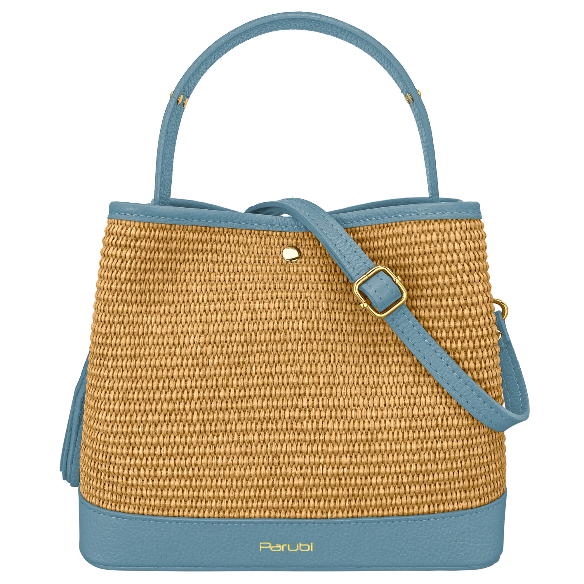 Borsa Secchiello Donna a Mano con Tracolla, In Vera Pelle e Rafia Naturale, Made in Italy, Modello Elide Carta Da Zucchero