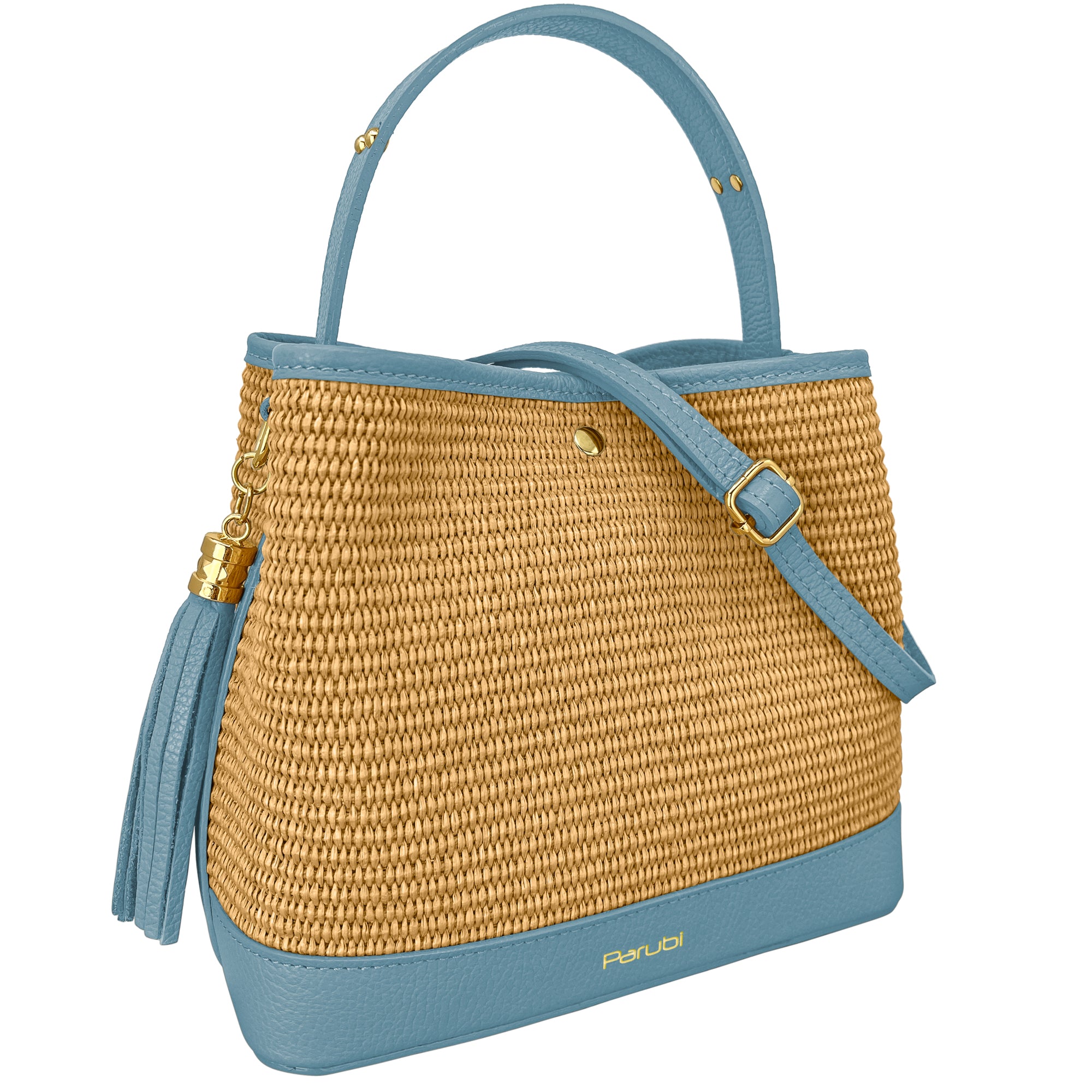 Borsa Secchiello Donna a Mano con Tracolla, In Vera Pelle e Rafia Naturale, Made in Italy, Modello Elide