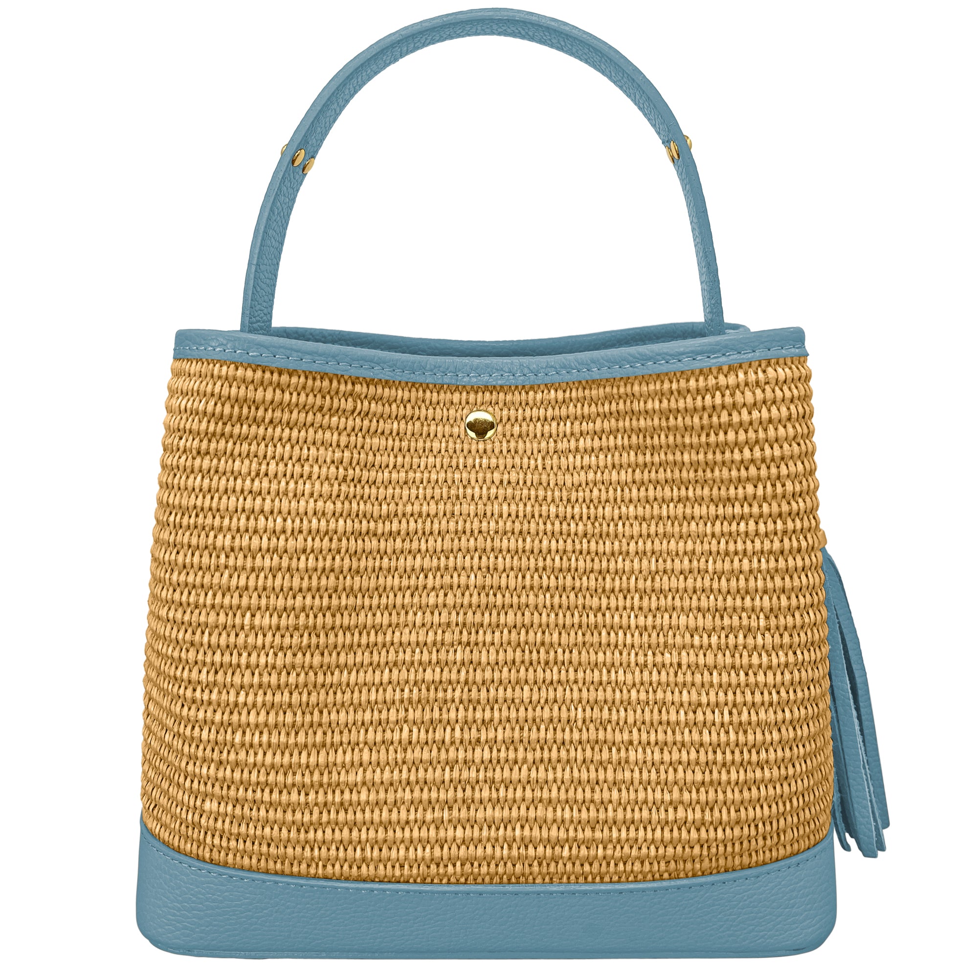 Borsa Secchiello Donna a Mano con Tracolla, In Vera Pelle e Rafia Naturale, Made in Italy, Modello Elide