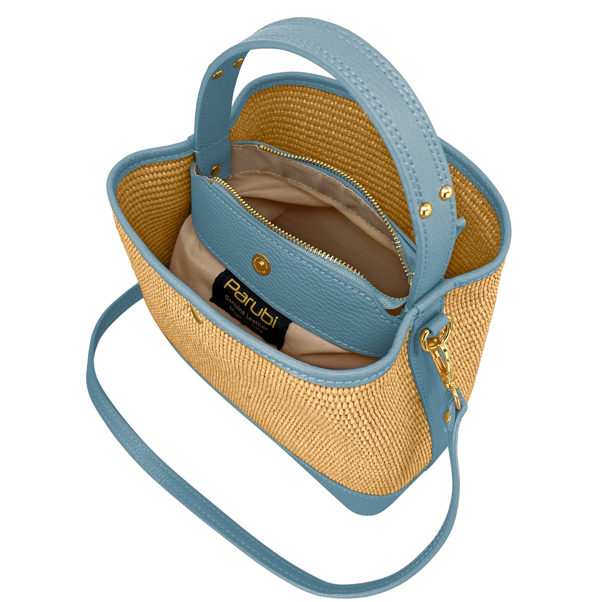 Borsa Secchiello Donna a Mano con Tracolla, In Vera Pelle e Rafia Naturale, Made in Italy, Modello Elide