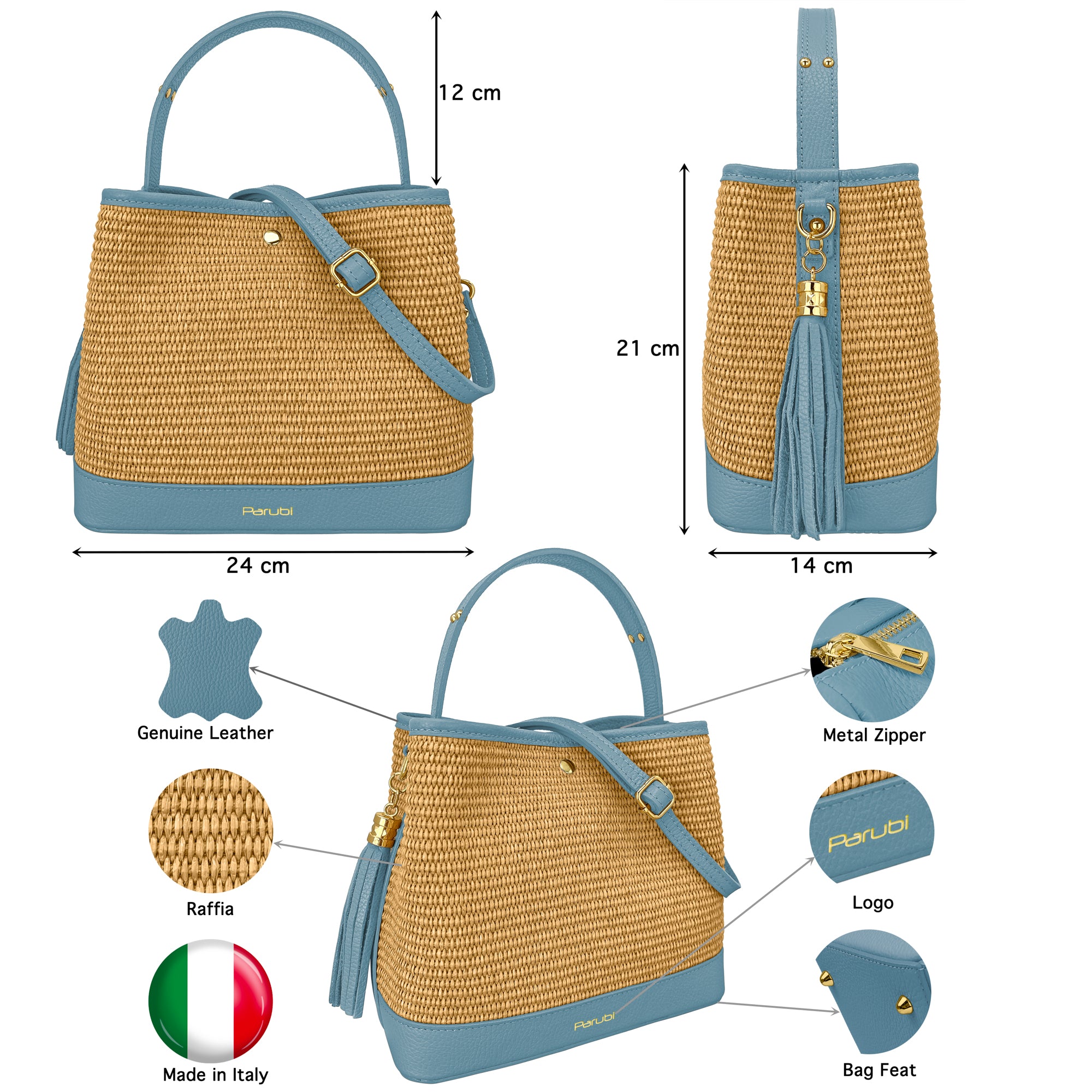 Borsa Secchiello Donna a Mano con Tracolla, In Vera Pelle e Rafia Naturale, Made in Italy, Modello Elide