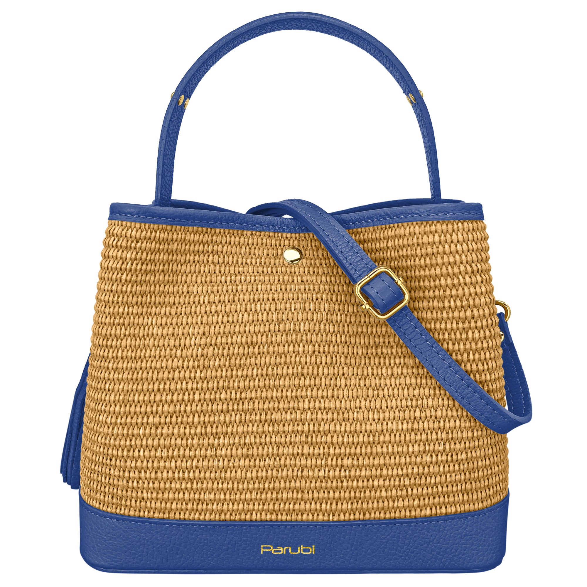 Borsa Secchiello Donna a Mano con Tracolla, In Vera Pelle e Rafia Naturale, Made in Italy, Modello Elide Bluette