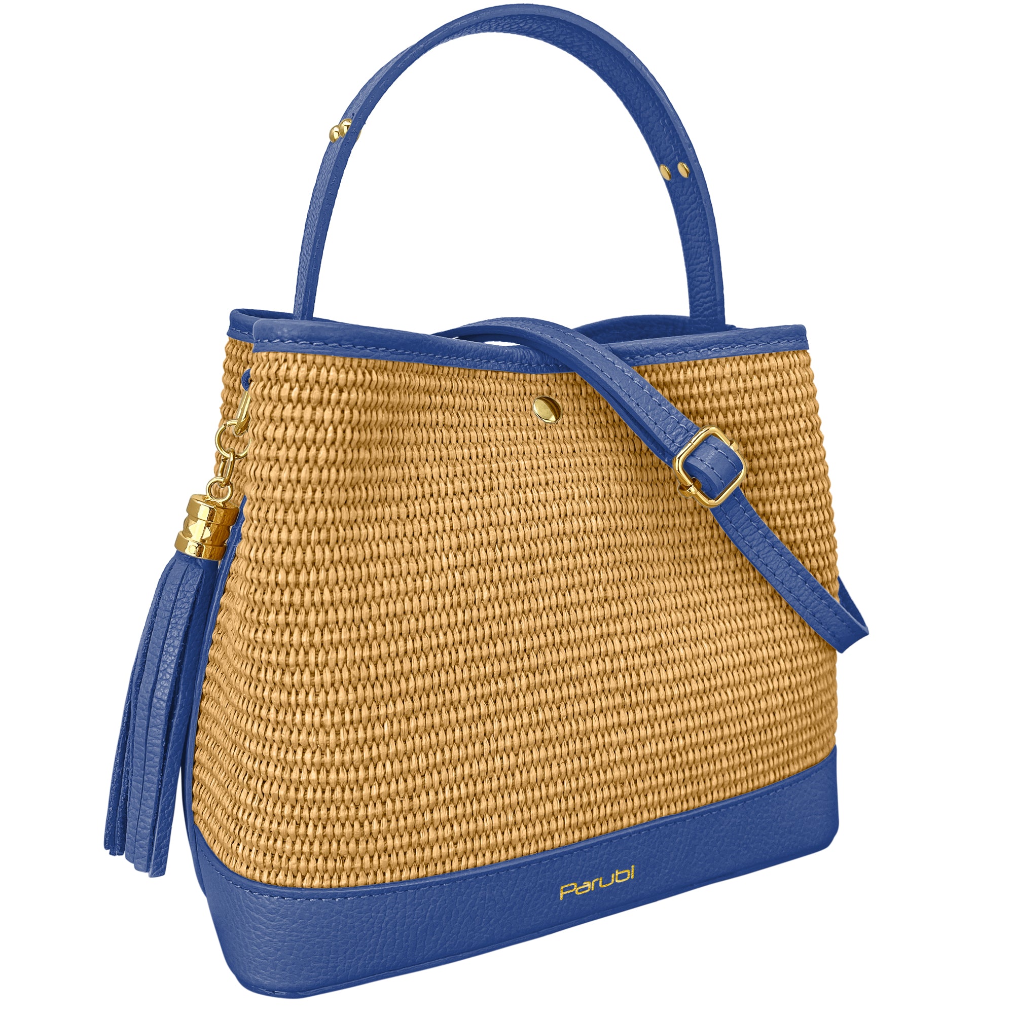 Borsa Secchiello Donna a Mano con Tracolla, In Vera Pelle e Rafia Naturale, Made in Italy, Modello Elide