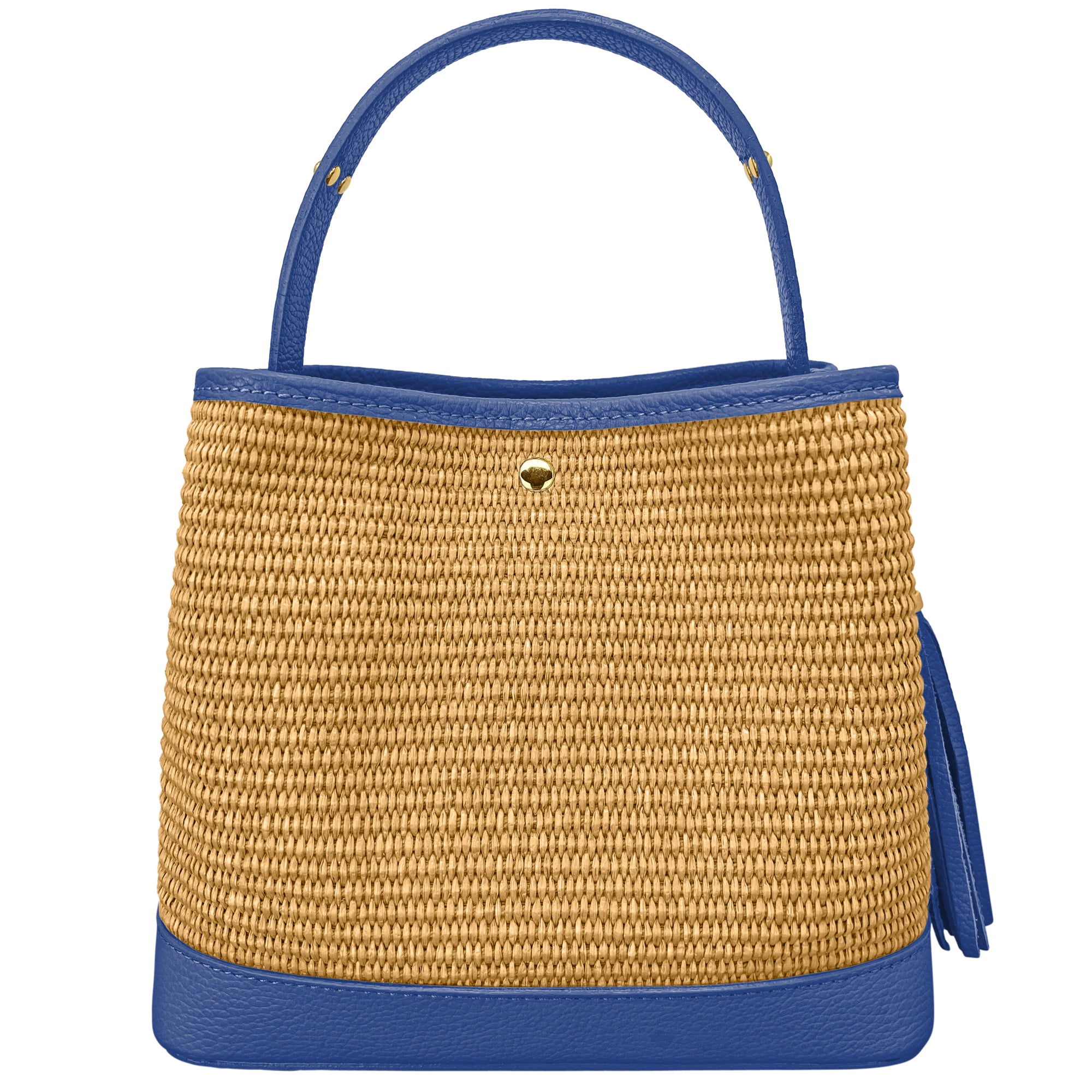 Borsa Secchiello Donna a Mano con Tracolla, In Vera Pelle e Rafia Naturale, Made in Italy, Modello Elide