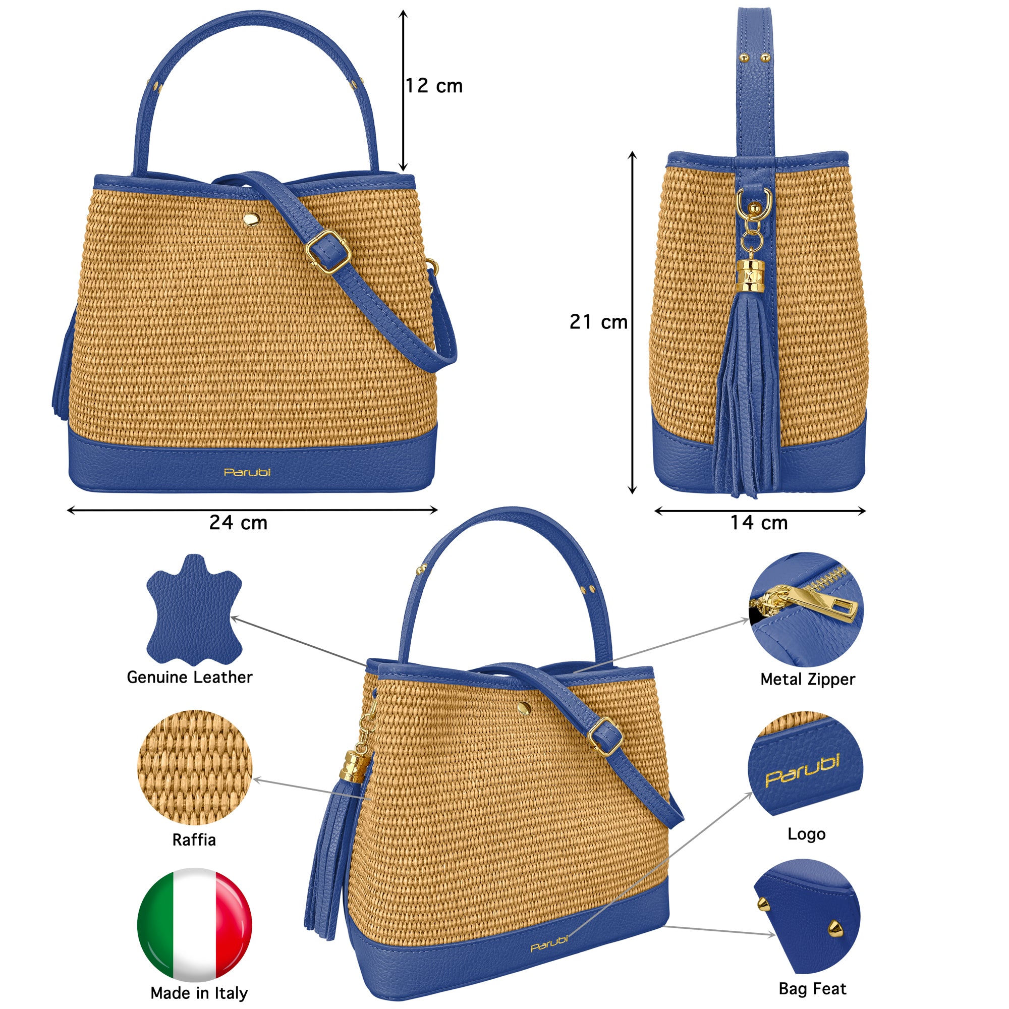 Borsa Secchiello Donna a Mano con Tracolla, In Vera Pelle e Rafia Naturale, Made in Italy, Modello Elide