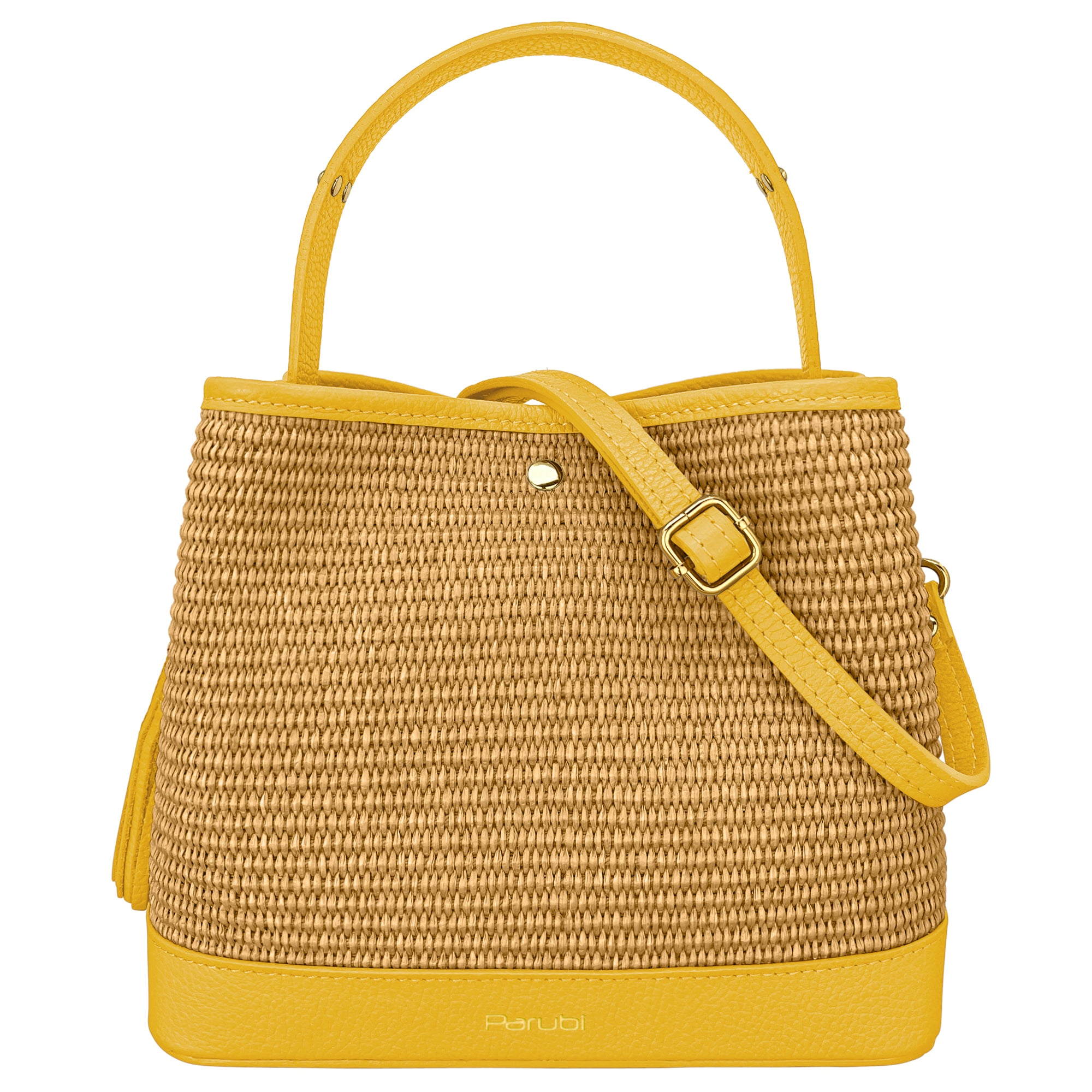 Borsa Secchiello Donna a Mano con Tracolla, In Vera Pelle e Rafia Naturale, Made in Italy, Modello Elide Giallo Canarino